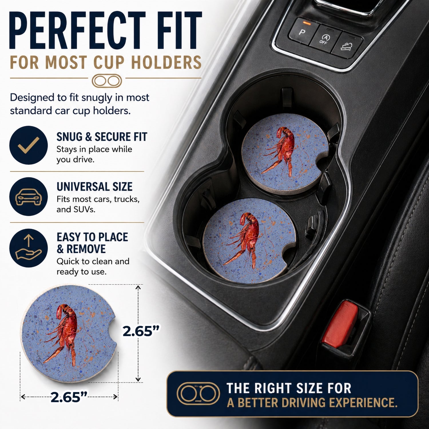 Crawfish Set of 2 Cup Holder Car Coasters Absorbent Round Sandstone Coasters Gifts for Men or Women, 2.5, Multicolor