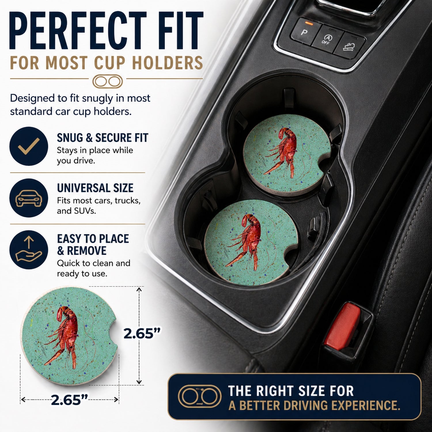 Crawfish Set of 2 Cup Holder Car Coasters Absorbent Round Sandstone Coasters Gifts for Men or Women, 2.5, Multicolor