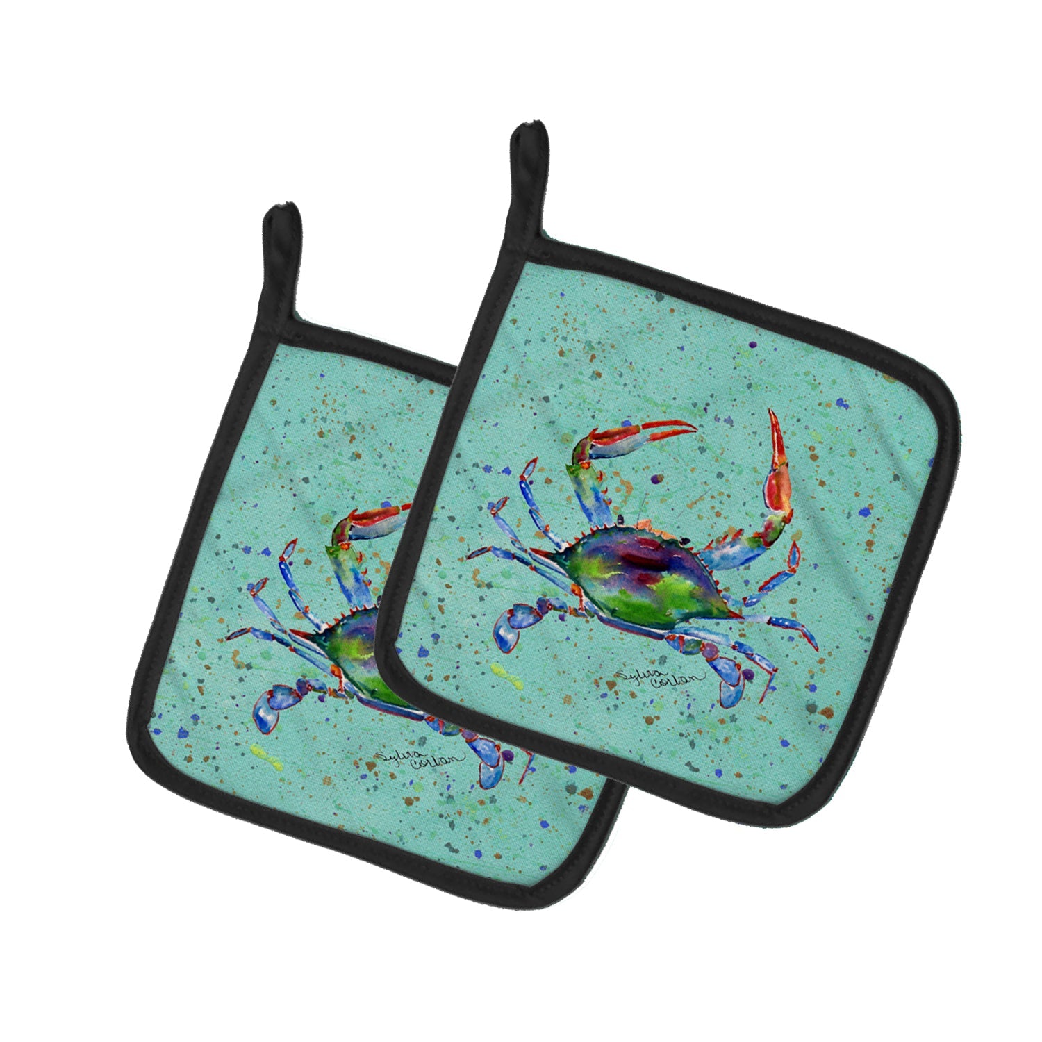 Crab Pot Holder Set of 2 Heat Resistant Quilted Hot Pads 7.5 x 7.5 Inch, Insulated Kitchen Trivets for Cooking & Baking