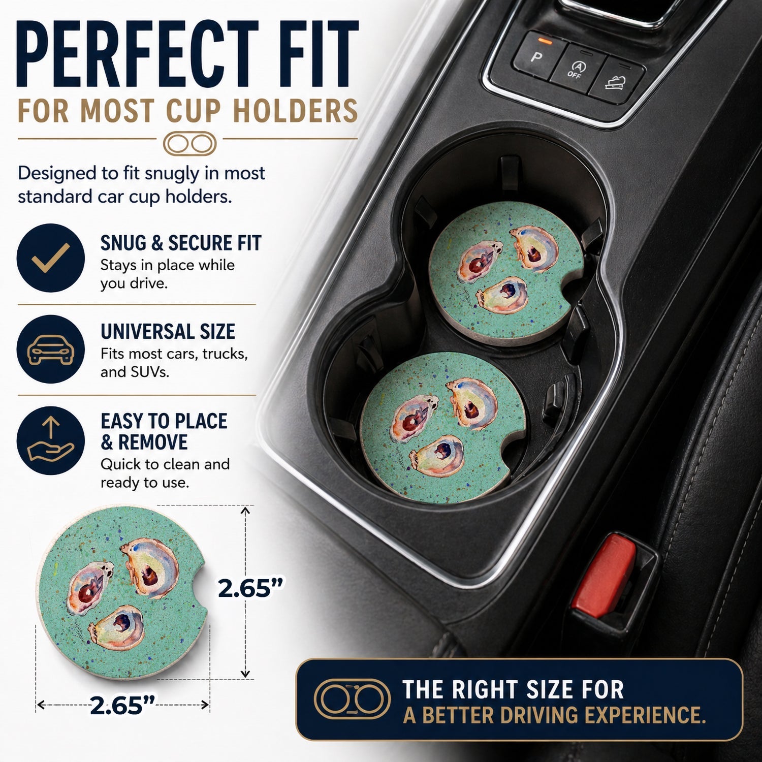 Oyster Set of 2 Cup Holder Car Coasters Absorbent Round Sandstone Coasters Gifts for Men or Women, 2.5, Multicolor