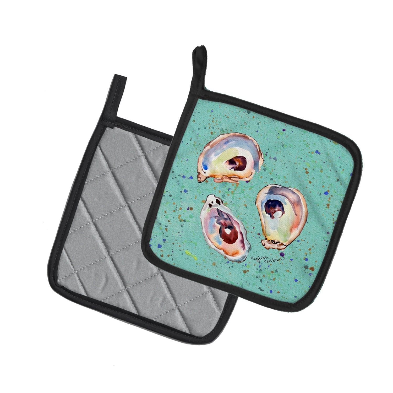 Oyster Pot Holder Set of 2 Heat Resistant Quilted Hot Pads 7.5 x 7.5 Inch, Insulated Kitchen Trivets for Cooking & Baking