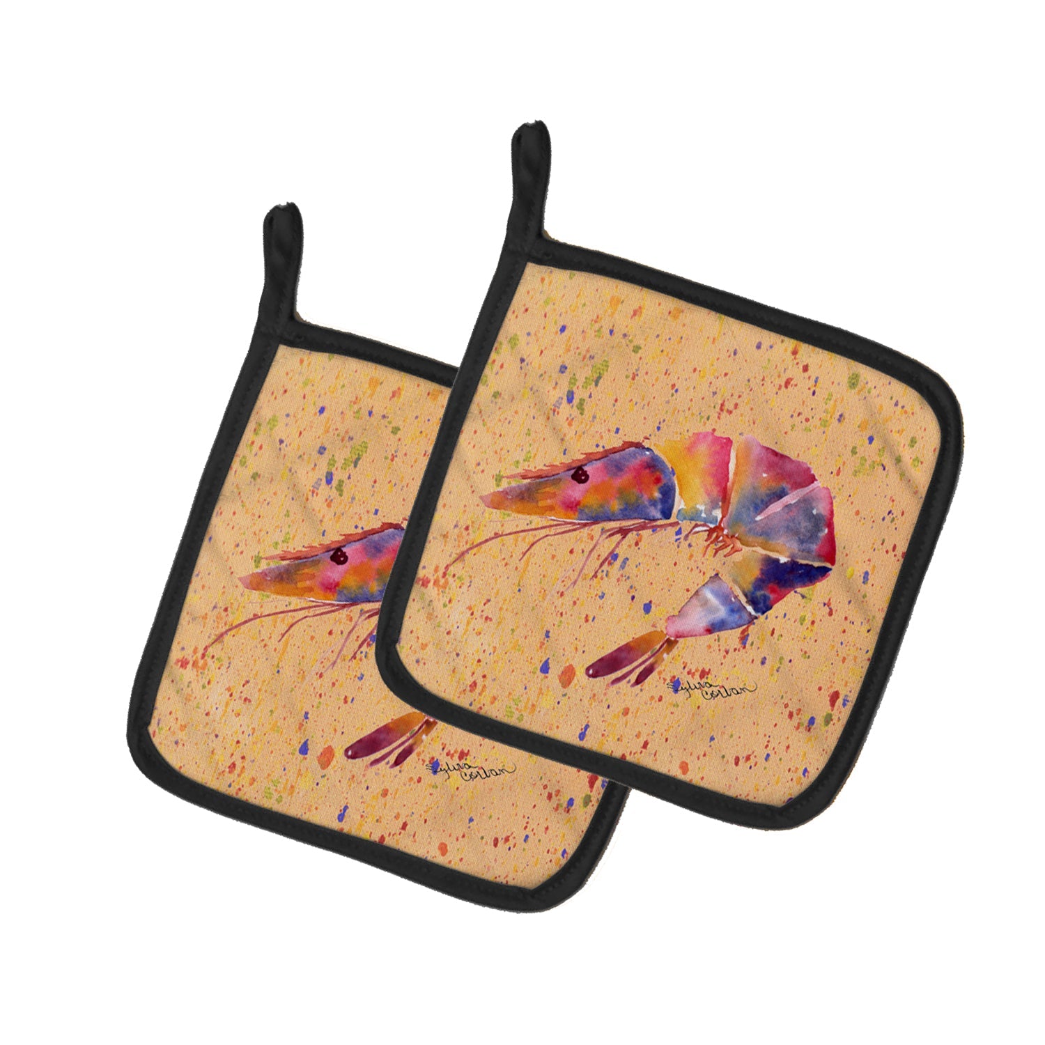 Shrimp Pot Holder Set of 2 Heat Resistant Quilted Hot Pads 7.5 x 7.5 Inch, Insulated Kitchen Trivets for Cooking & Baking