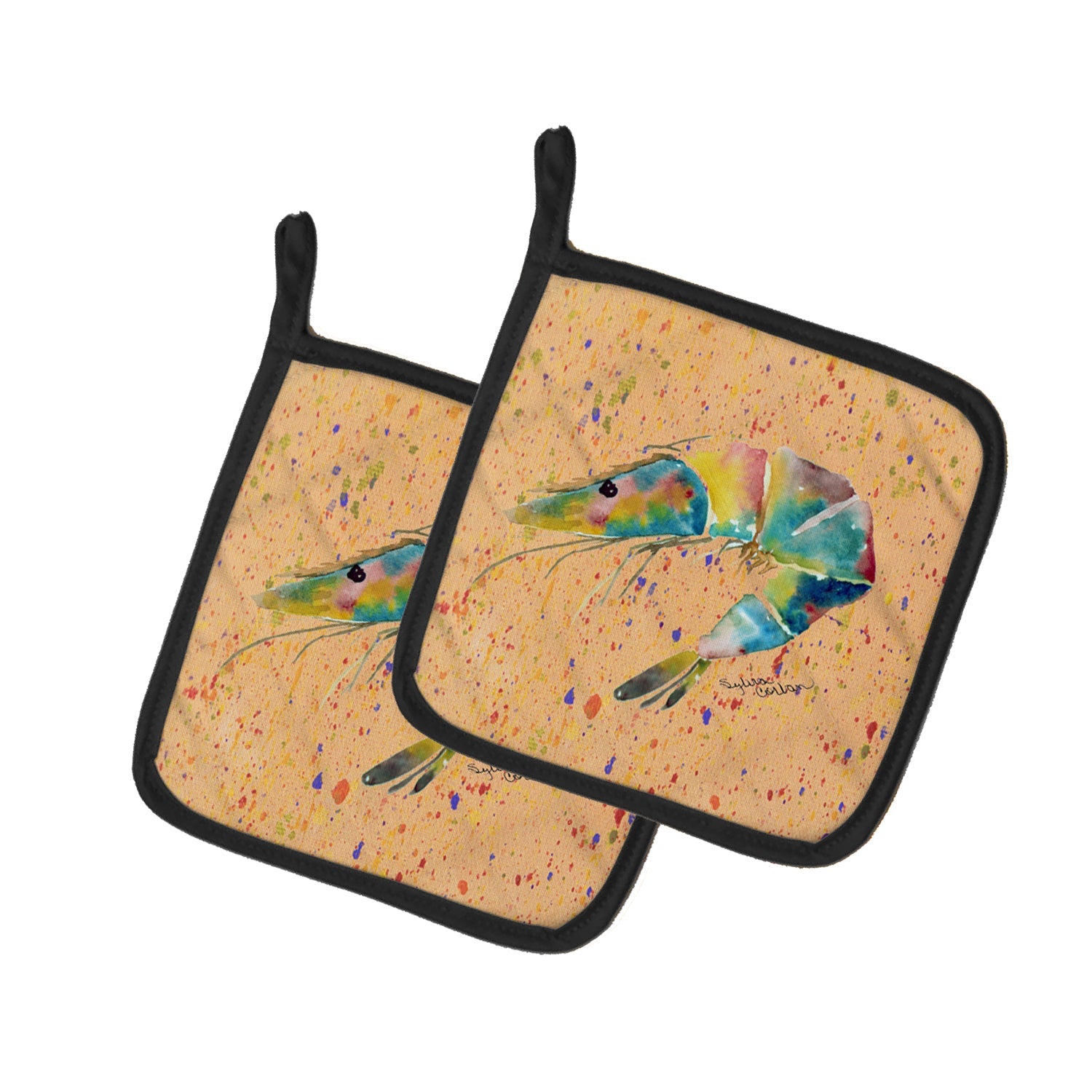 Shrimp Pot Holder Set of 2 Heat Resistant Quilted Hot Pads 7.5 x 7.5 Inch, Insulated Kitchen Trivets for Cooking & Baking