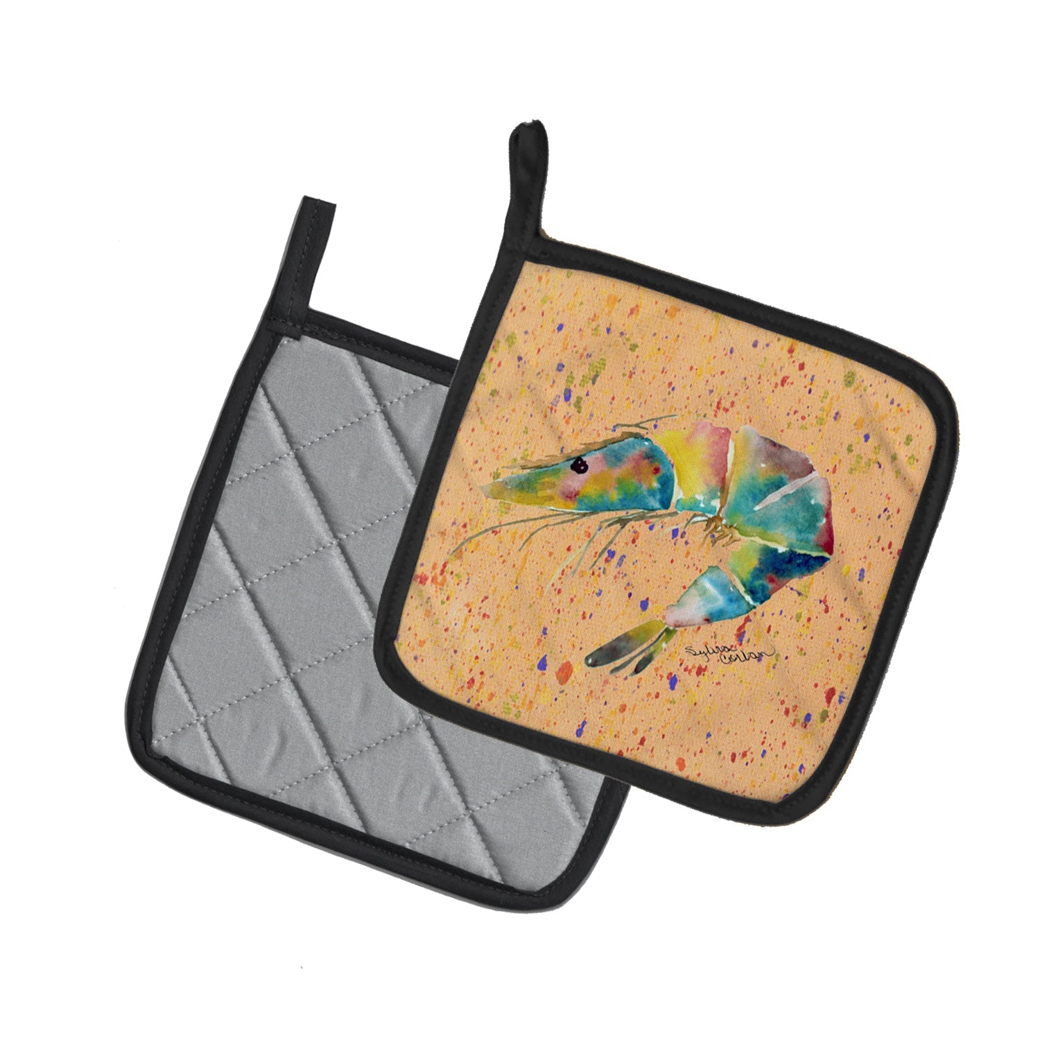 Shrimp Pot Holder Set of 2 Heat Resistant Quilted Hot Pads 7.5 x 7.5 Inch, Insulated Kitchen Trivets for Cooking & Baking