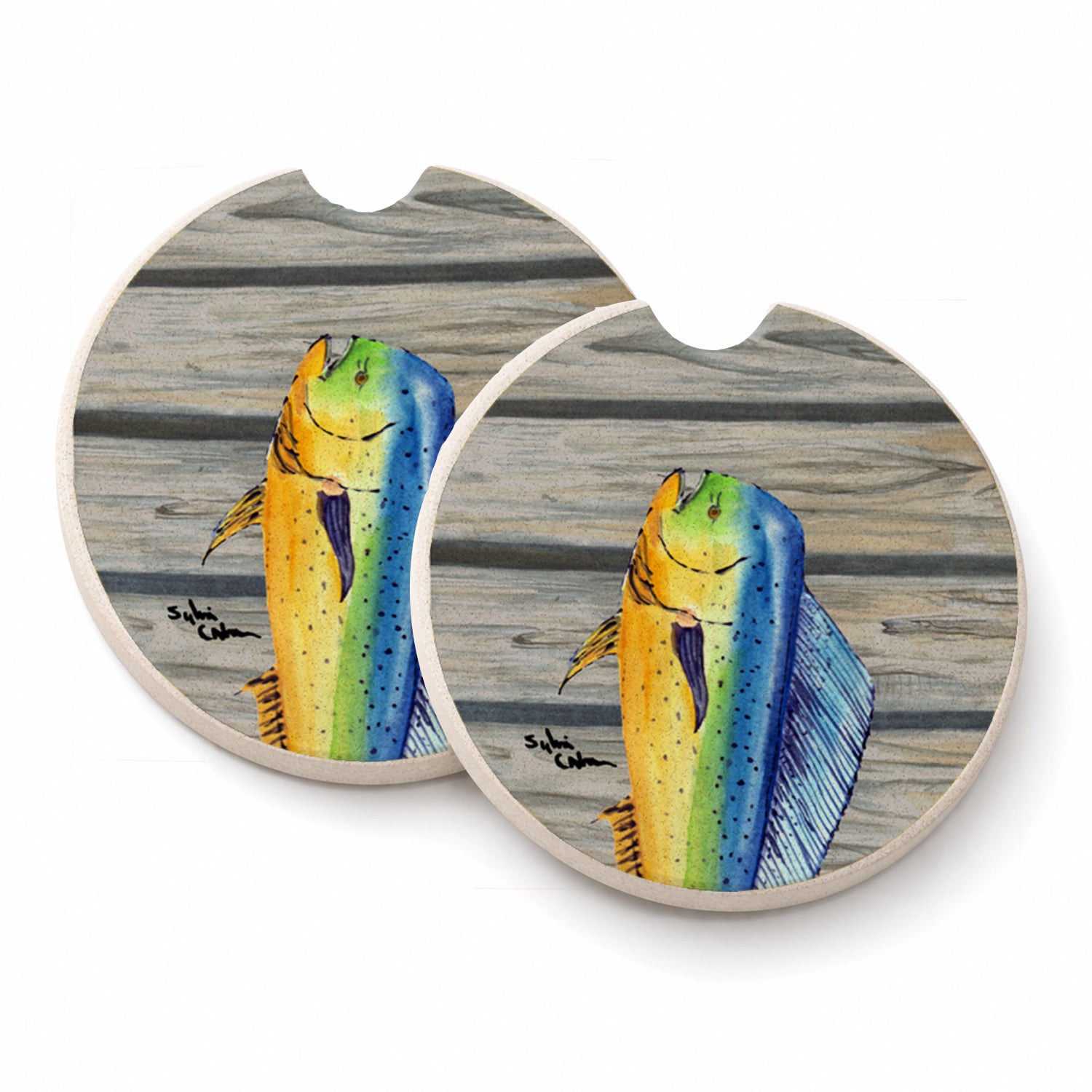 Mahi Mahi Dolphin Fish Set of 2 Cup Holder Car Coasters Absorbent Round Sandstone Coasters Gifts for Men or Women, 2.5, Multicolor