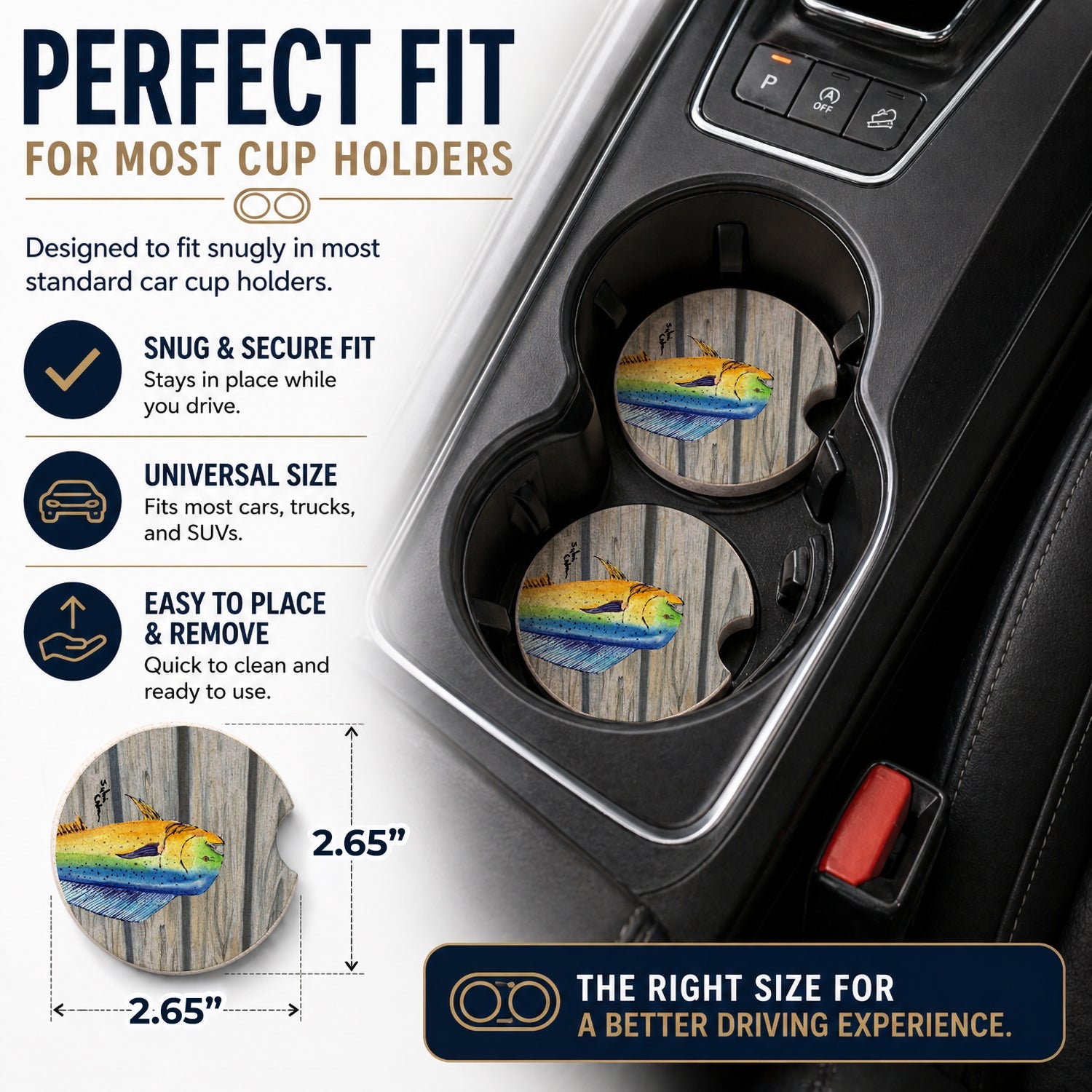 Mahi Mahi Dolphin Fish Set of 2 Cup Holder Car Coasters Absorbent Round Sandstone Coasters Gifts for Men or Women, 2.5, Multicolor