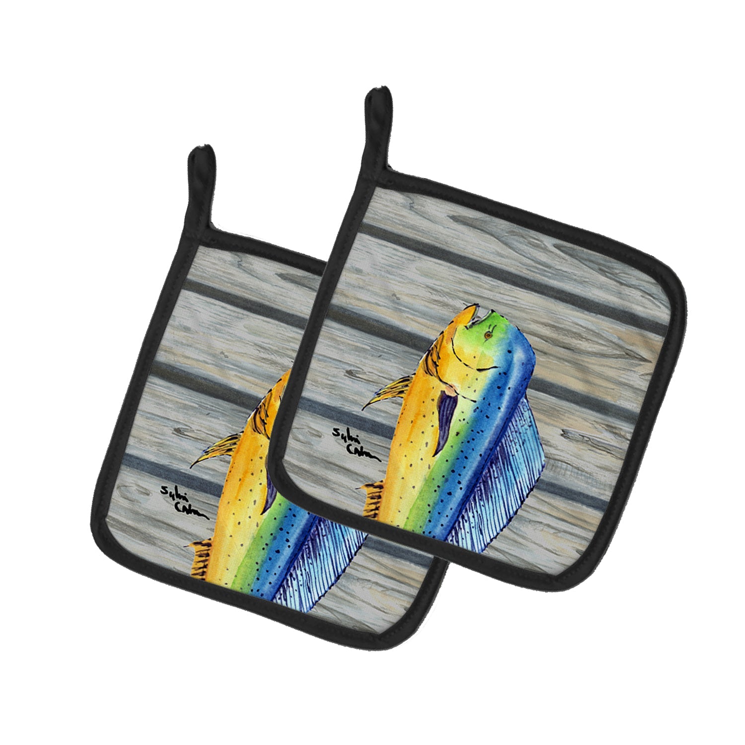 Mahi Mahi Dolphin Fish Pot Holder Set of 2 Heat Resistant Quilted Hot Pads 7.5 x 7.5 Inch, Insulated Kitchen Trivets for Cooking & Baking