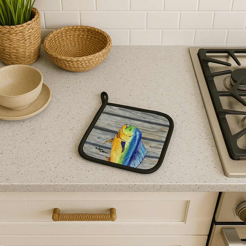 Mahi Mahi Dolphin Fish Pot Holder Set of 2 Heat Resistant Quilted Hot Pads 7.5 x 7.5 Inch, Insulated Kitchen Trivets for Cooking & Baking
