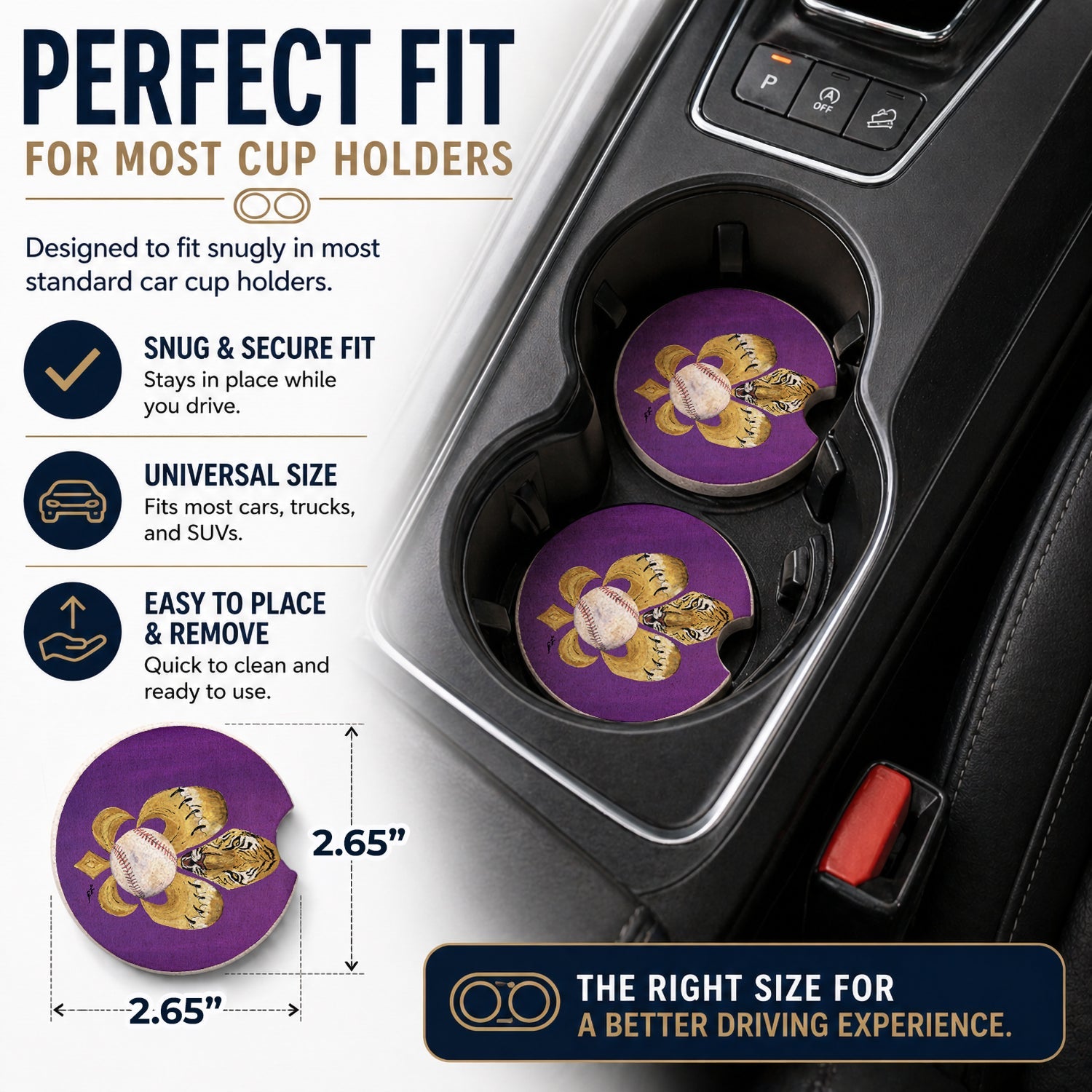 Tiger Fleur de Lis Baseball Set of 2 Cup Holder Car Coasters Absorbent Round Sandstone Coasters Gifts for Men or Women, 2.5, Multicolor