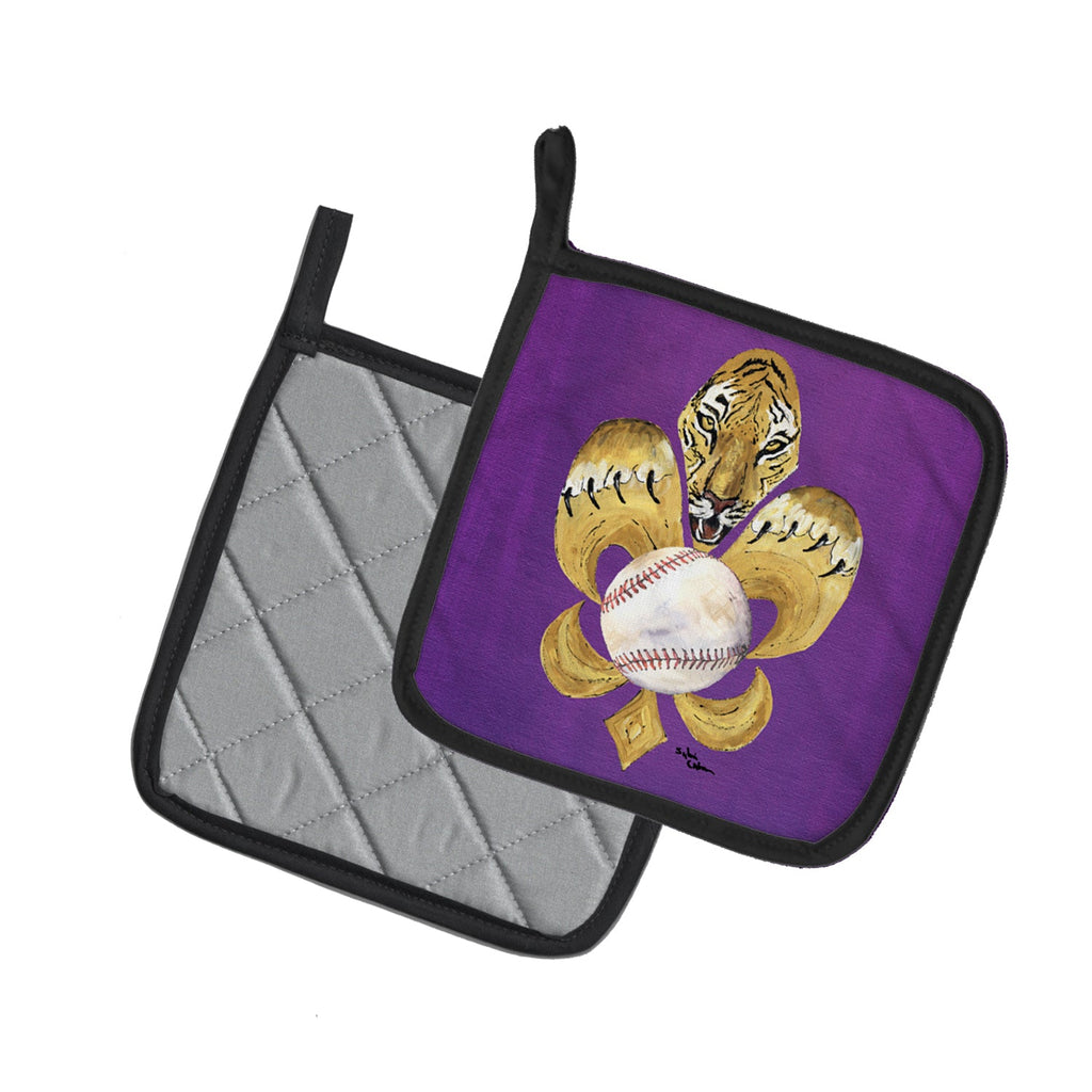 Tiger Fleur de Lis Baseball Pot Holder Set of 2 Heat Resistant Quilted Hot Pads 7.5 x 7.5 Inch, Insulated Kitchen Trivets for Cooking & Baking