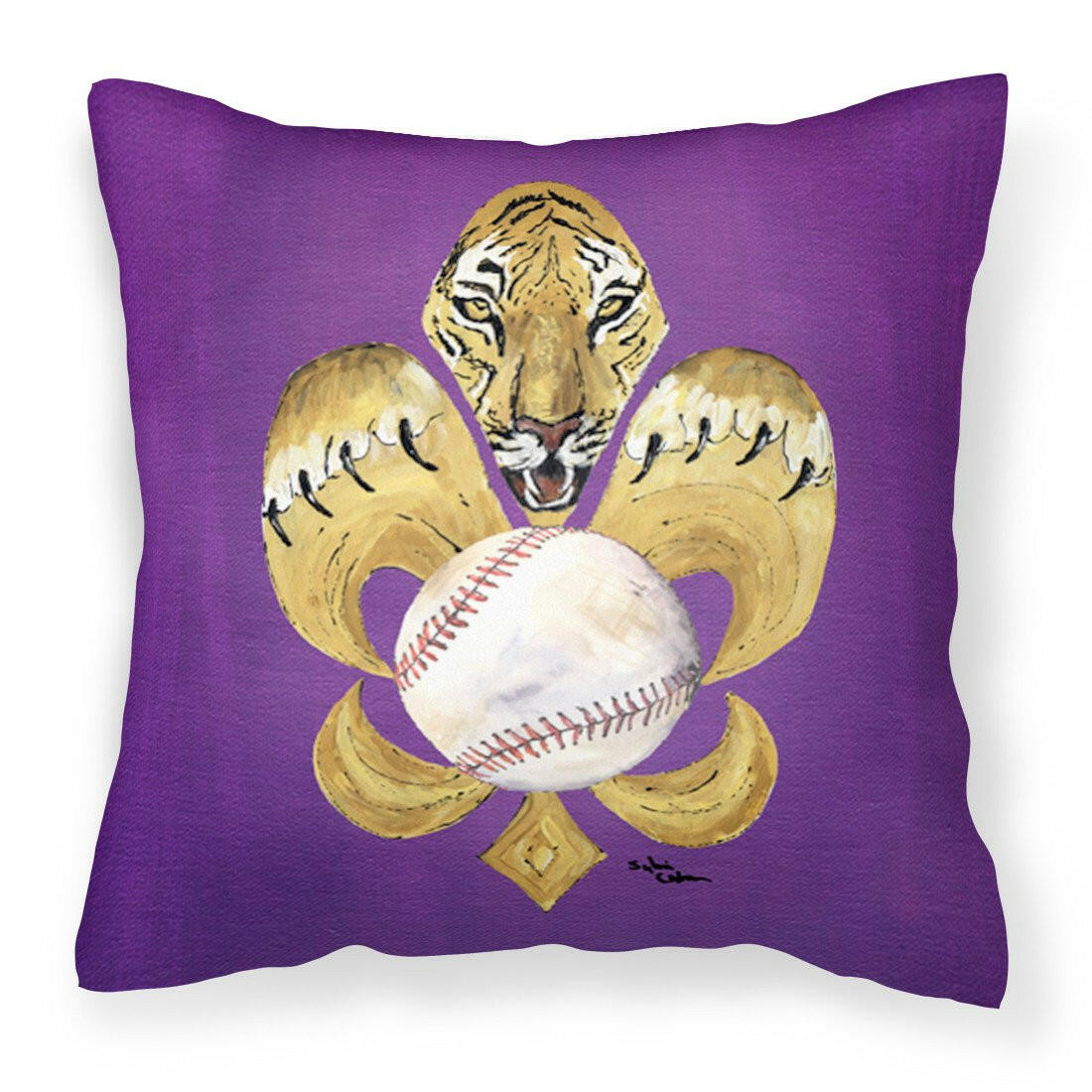 Tiger Fleur de Lis Baseball Decorative Throw Pillow 14x14 Indoor Outdoor Accent Cushion, Fabric Cover with Insert for Sofa, Bed, Porch & Living Room