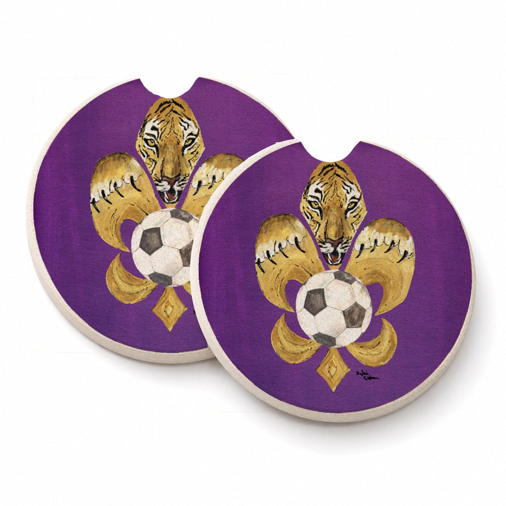 Tiger Fleur de lis Soccer Set of 2 Cup Holder Car Coasters Absorbent Round Sandstone Coasters Gifts for Men or Women, 2.5, Multicolor