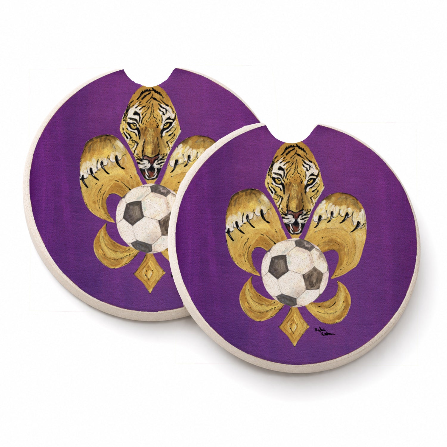 Tiger Fleur de lis Soccer Set of 2 Cup Holder Car Coasters Absorbent Round Sandstone Coasters Gifts for Men or Women, 2.5, Multicolor