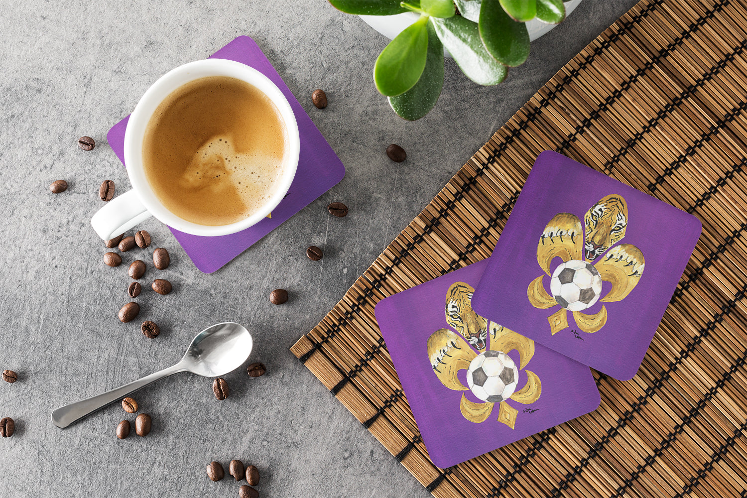 Tiger Fleur de lis Soccer Foam Coasters Set of 4 Cup Coasters for Indoor Outdoor, Tabletop Protection, Anti Slip, Mouse pad Material
