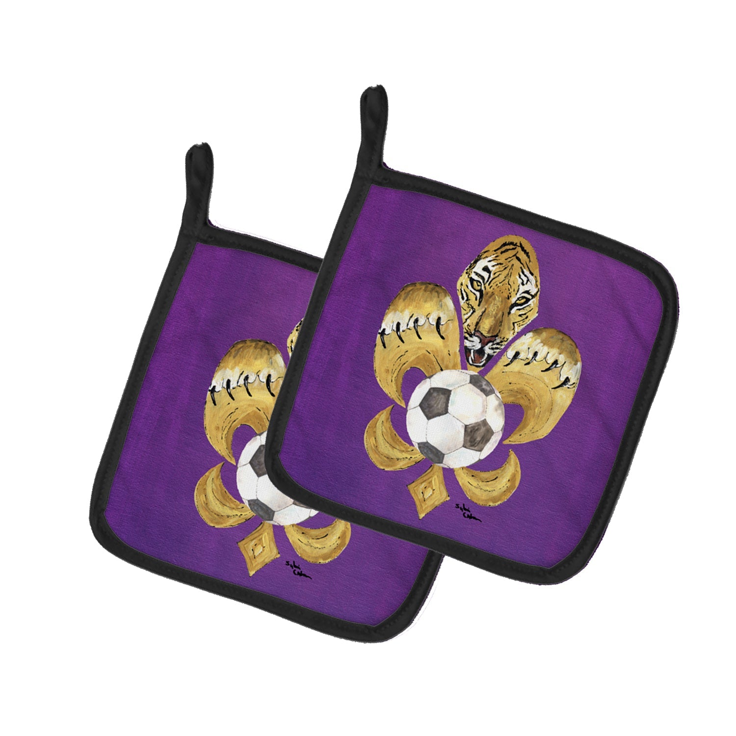 Tiger Fleur de lis Soccer Pot Holder Set of 2 Heat Resistant Quilted Hot Pads 7.5 x 7.5 Inch, Insulated Kitchen Trivets for Cooking & Baking