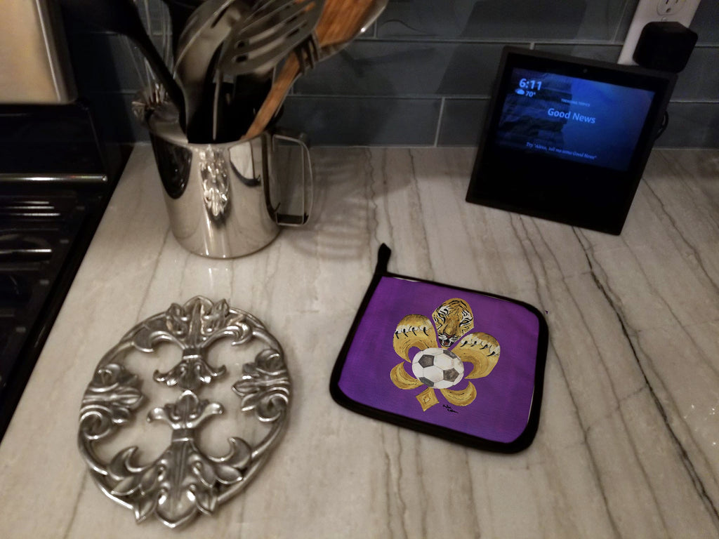 Tiger Fleur de lis Soccer Pot Holder Set of 2 Heat Resistant Quilted Hot Pads 7.5 x 7.5 Inch, Insulated Kitchen Trivets for Cooking & Baking