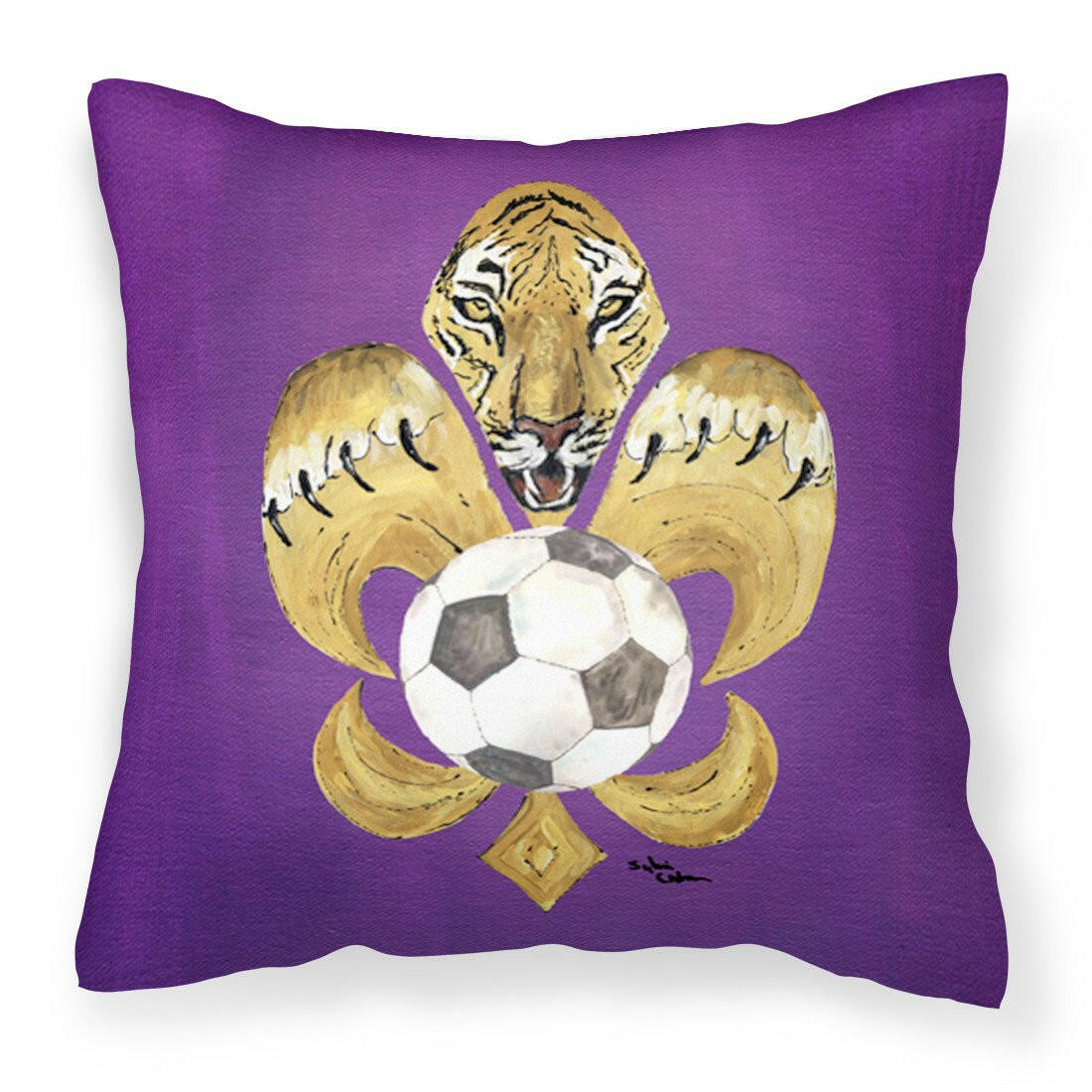 Tiger Fleur de lis Soccer Decorative Throw Pillow 14x14 Indoor Outdoor Accent Cushion, Fabric Cover with Insert for Sofa, Bed, Porch & Living Room
