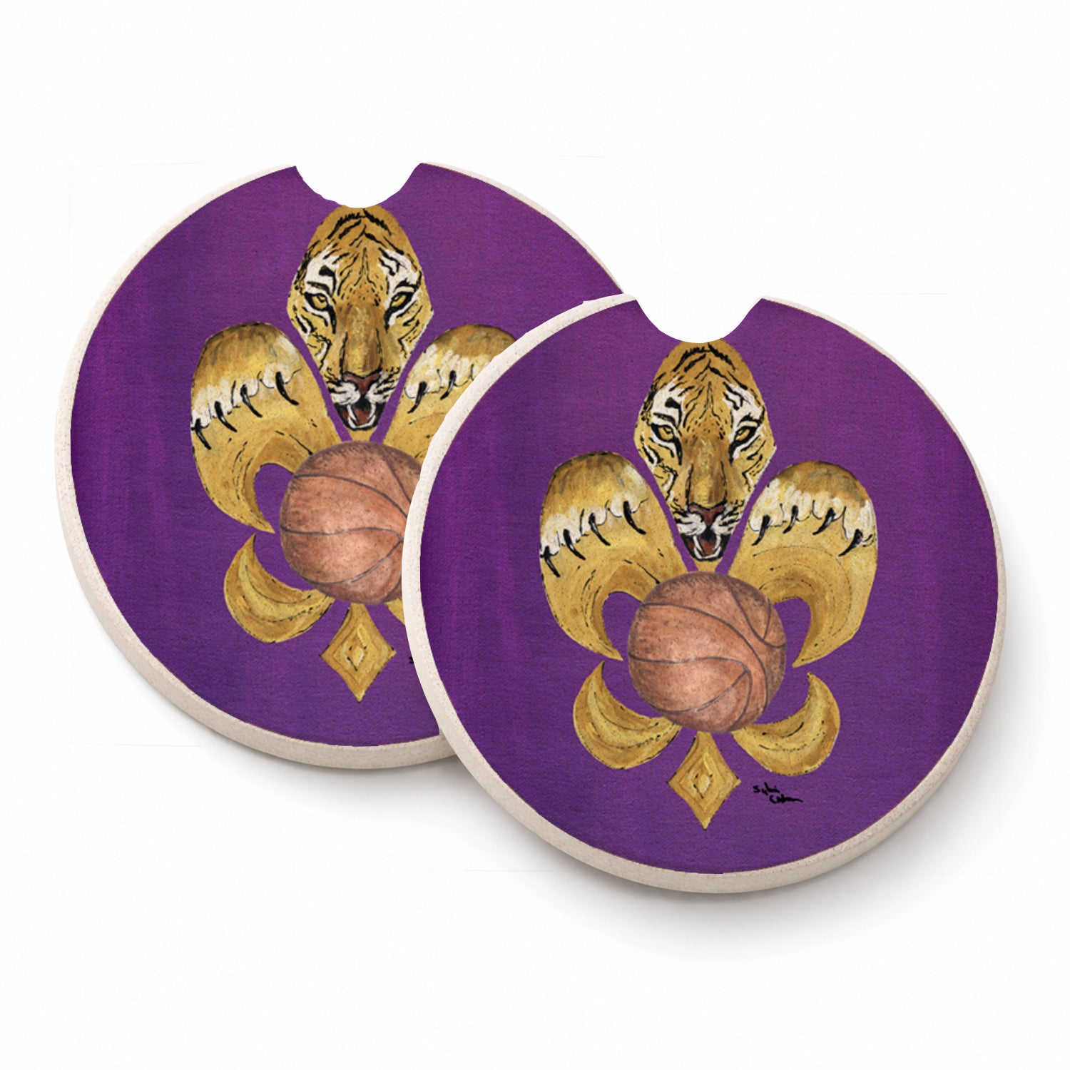 Tiger Fleur de Lis Basketball Set of 2 Cup Holder Car Coasters Absorbent Round Sandstone Coasters Gifts for Men or Women, 2.5, Multicolor