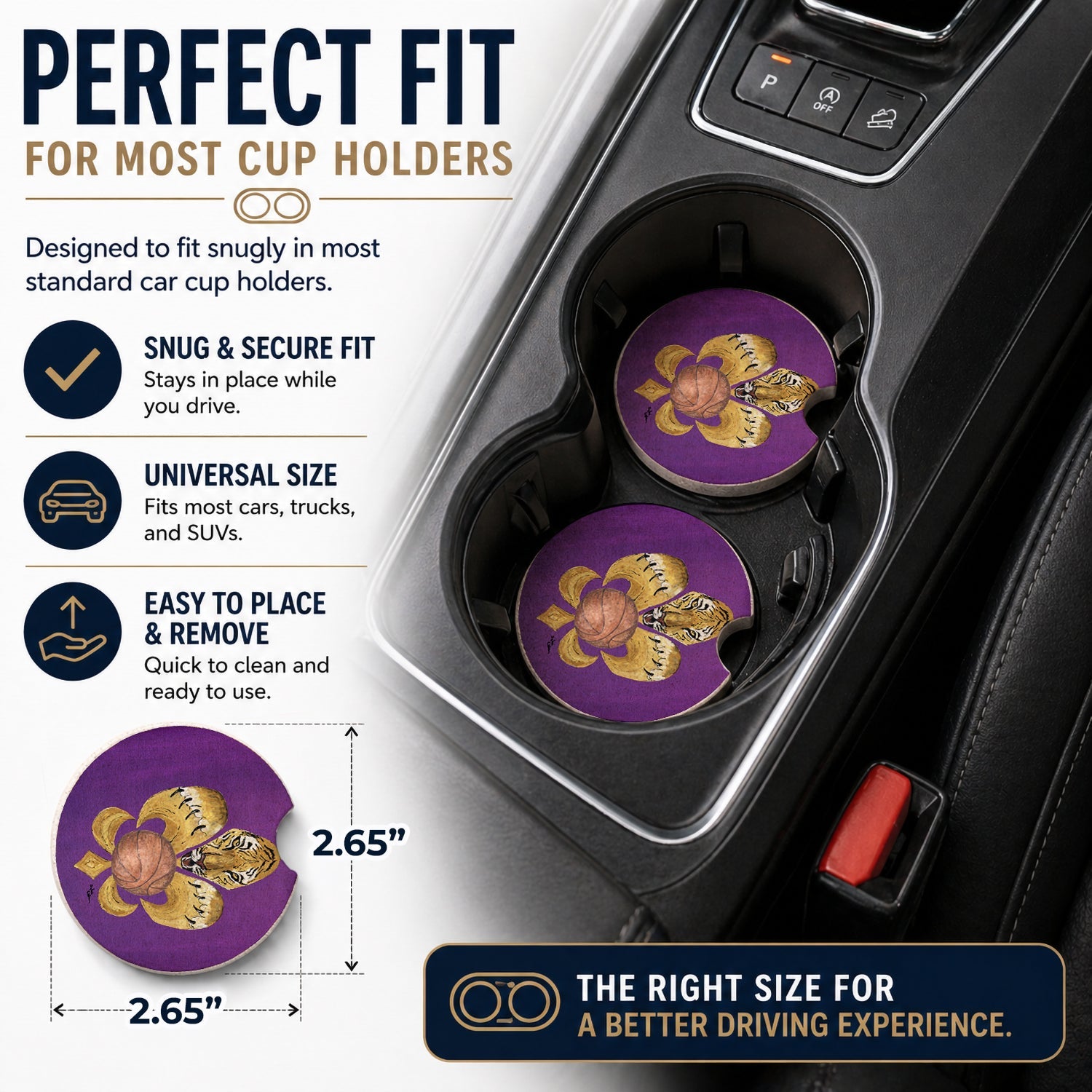 Tiger Fleur de Lis Basketball Set of 2 Cup Holder Car Coasters Absorbent Round Sandstone Coasters Gifts for Men or Women, 2.5, Multicolor