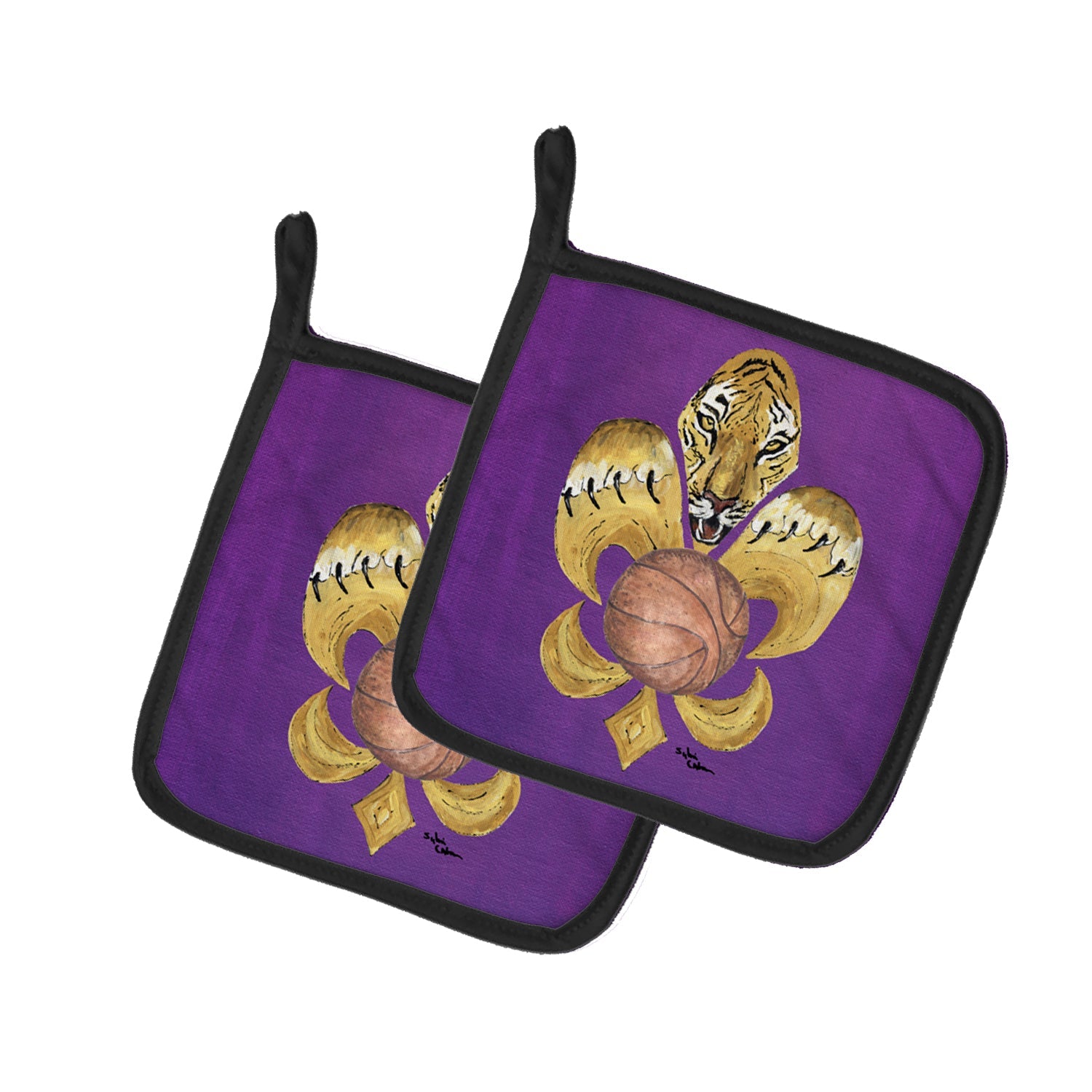 Tiger Fleur de Lis Basketball Pot Holder Set of 2 Heat Resistant Quilted Hot Pads 7.5 x 7.5 Inch, Insulated Kitchen Trivets for Cooking & Baking
