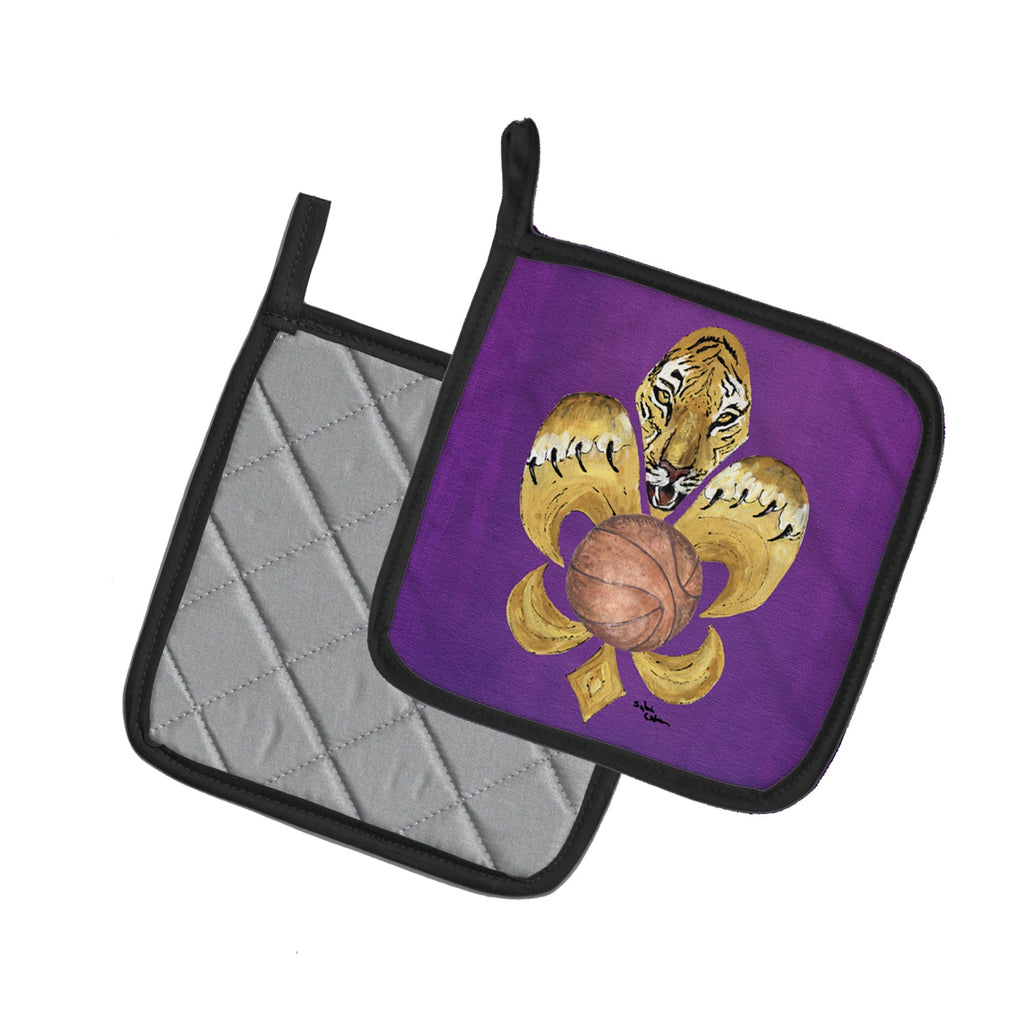 Tiger Fleur de Lis Basketball Pot Holder Set of 2 Heat Resistant Quilted Hot Pads 7.5 x 7.5 Inch, Insulated Kitchen Trivets for Cooking & Baking
