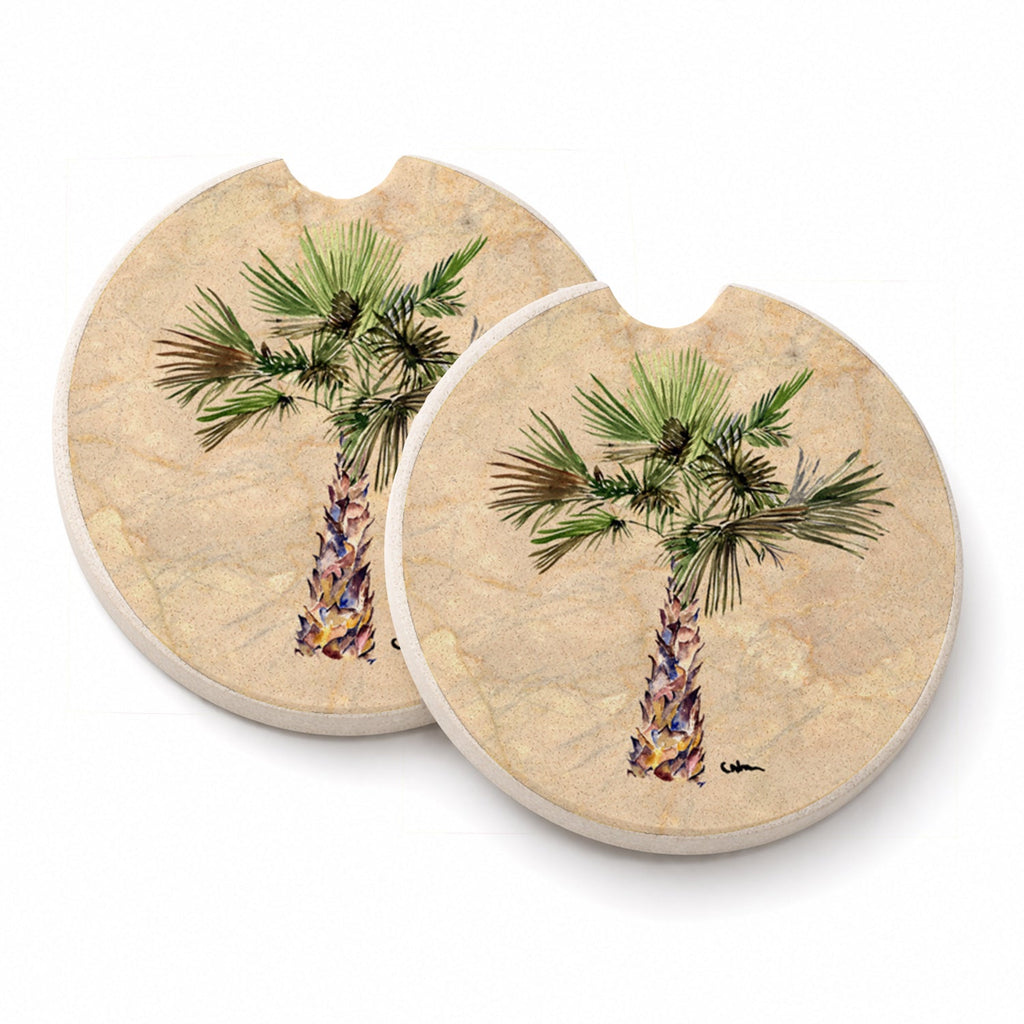 Palm Tree Set of 2 Cup Holder Car Coasters Absorbent Round Sandstone Coasters Gifts for Men or Women, 2.5, Multicolor