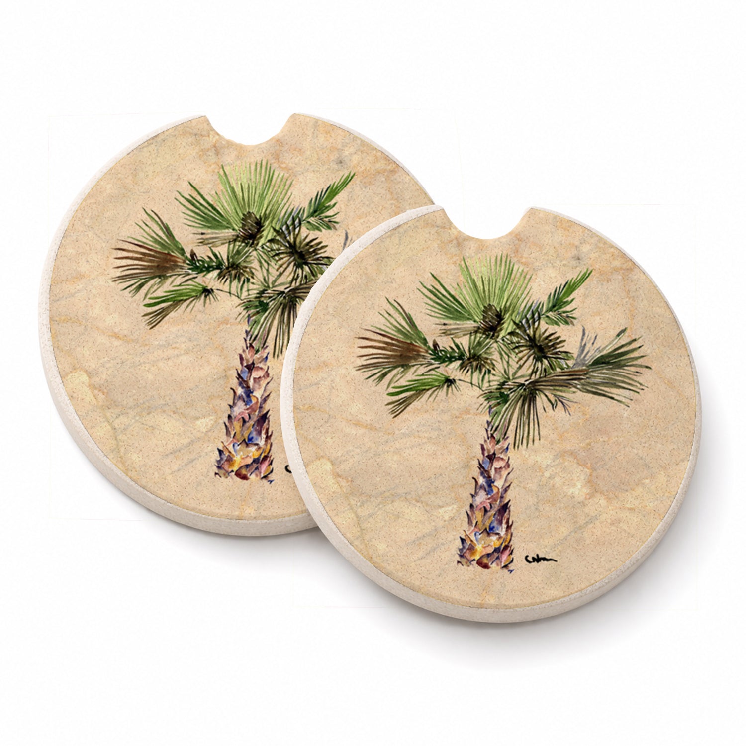 Palm Tree Set of 2 Cup Holder Car Coasters Absorbent Round Sandstone Coasters Gifts for Men or Women, 2.5, Multicolor