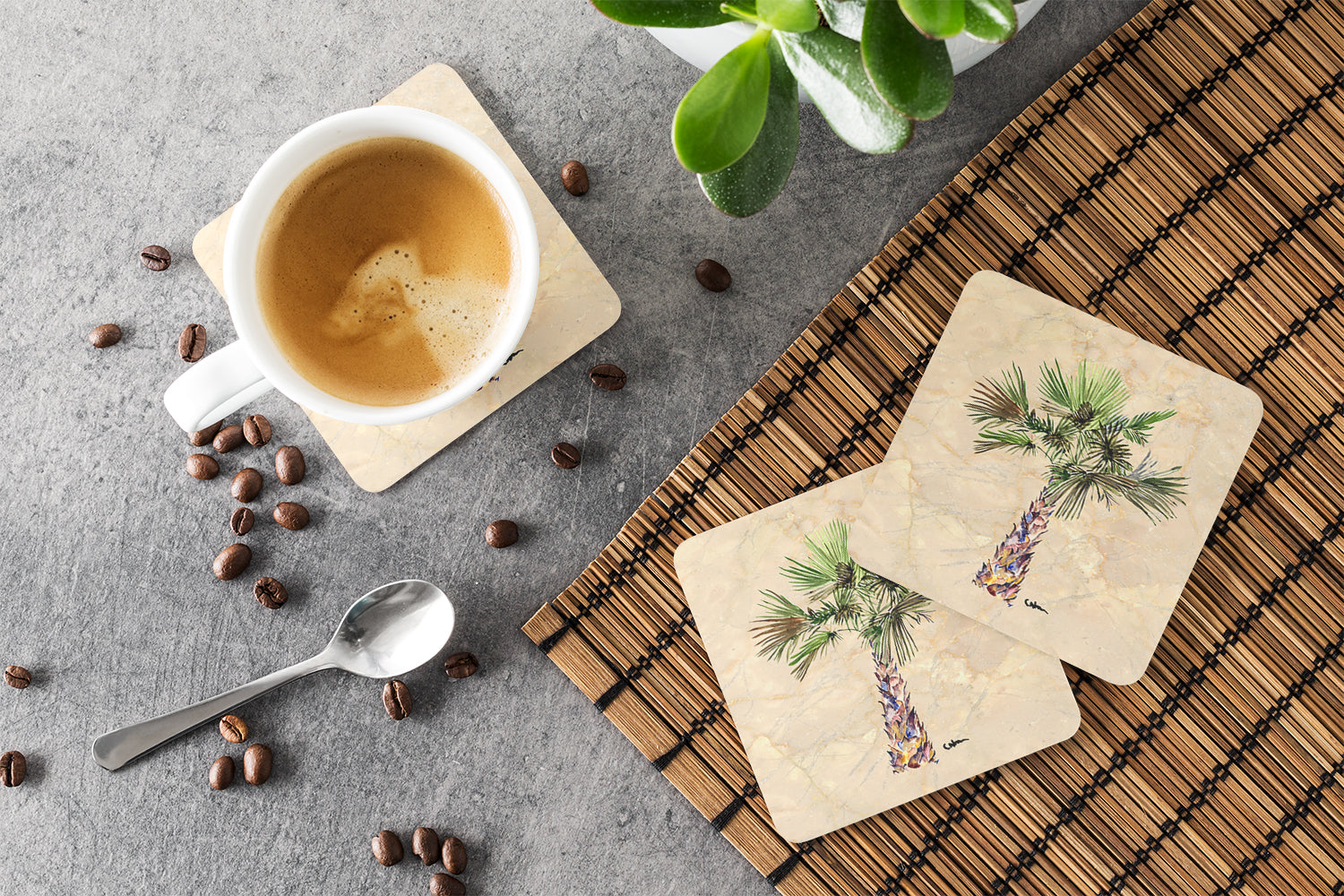 Palm Tree Foam Coasters Set of 4 Cup Coasters for Indoor Outdoor, Tabletop Protection, Anti Slip, Mouse pad Material