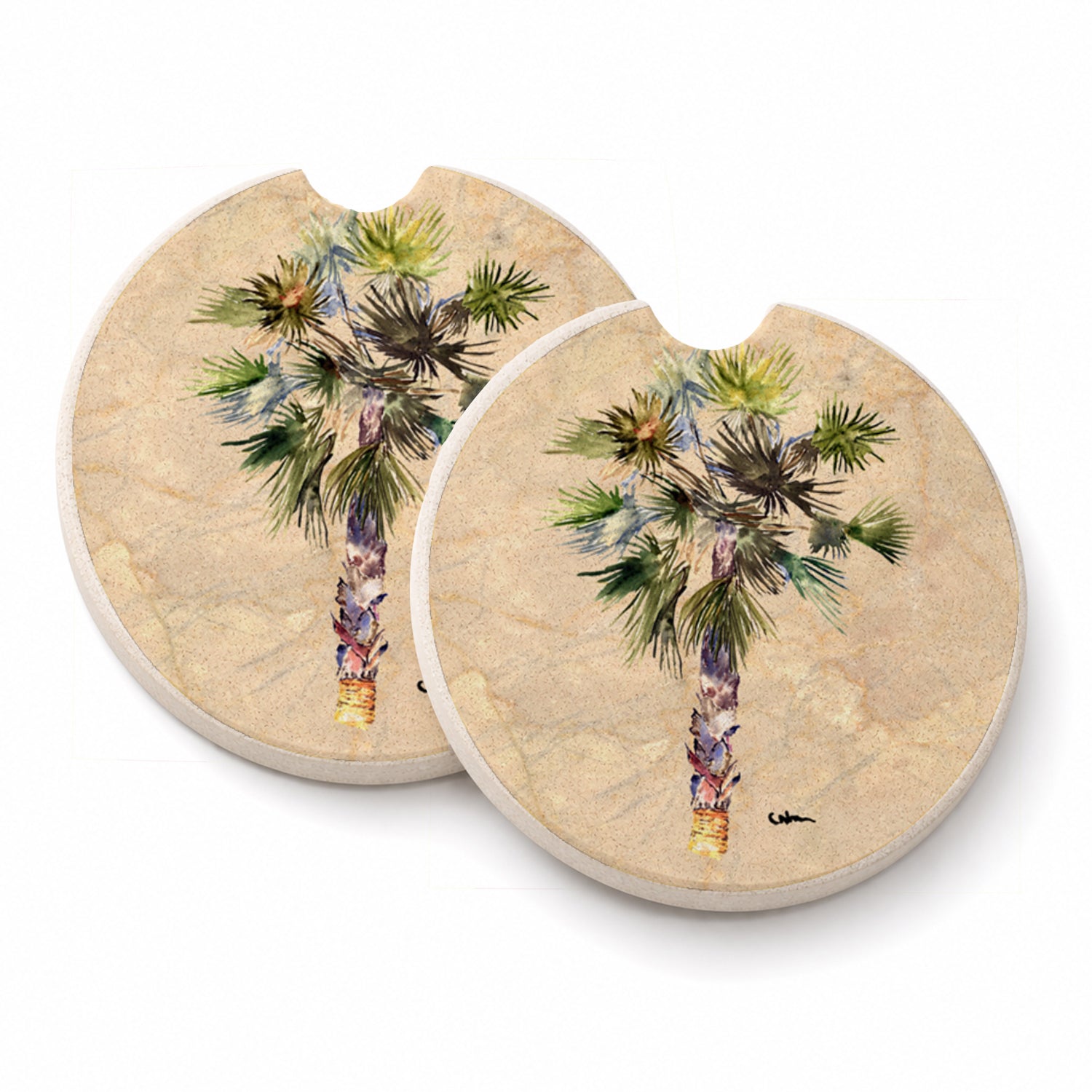 Palm Tree Set of 2 Cup Holder Car Coasters Absorbent Round Sandstone Coasters Gifts for Men or Women, 2.5, Multicolor
