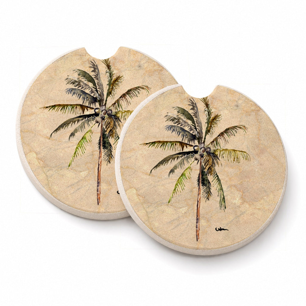 Palm Tree Set of 2 Cup Holder Car Coasters Absorbent Round Sandstone Coasters Gifts for Men or Women, 2.5, Multicolor