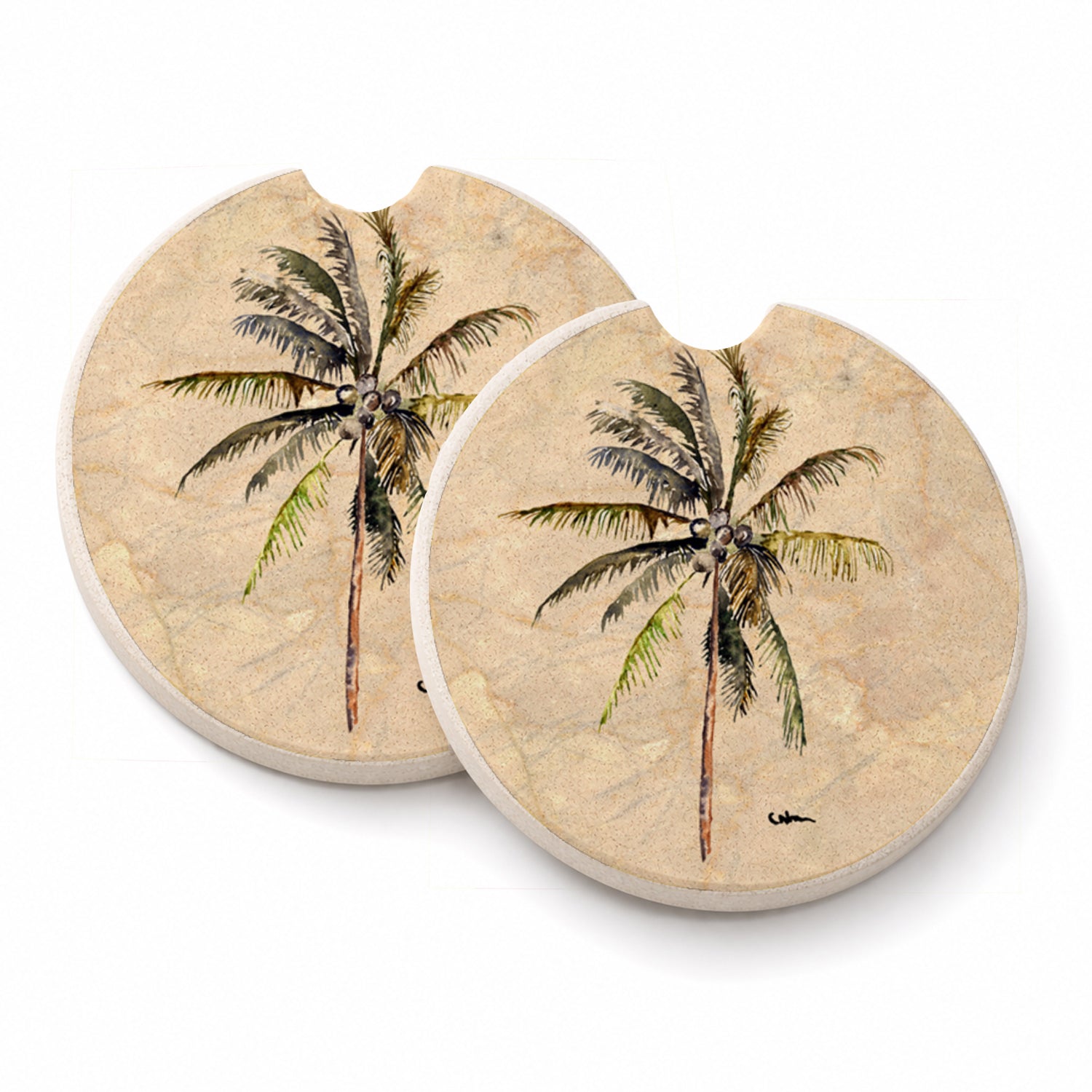 Palm Tree Set of 2 Cup Holder Car Coasters Absorbent Round Sandstone Coasters Gifts for Men or Women, 2.5, Multicolor