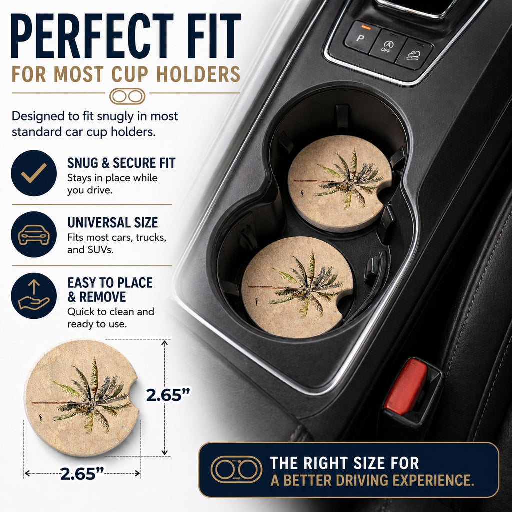 Palm Tree Set of 2 Cup Holder Car Coasters Absorbent Round Sandstone Coasters Gifts for Men or Women, 2.5, Multicolor