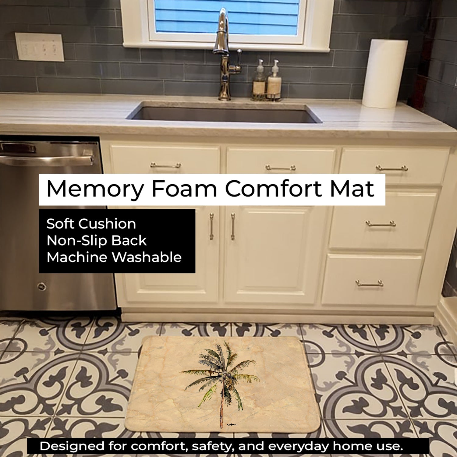 Palm Tree Memory Foam Kitchen Mat Machine Washable Anti-Fatigue Cushion Comfort Bath or Kitchen Rug