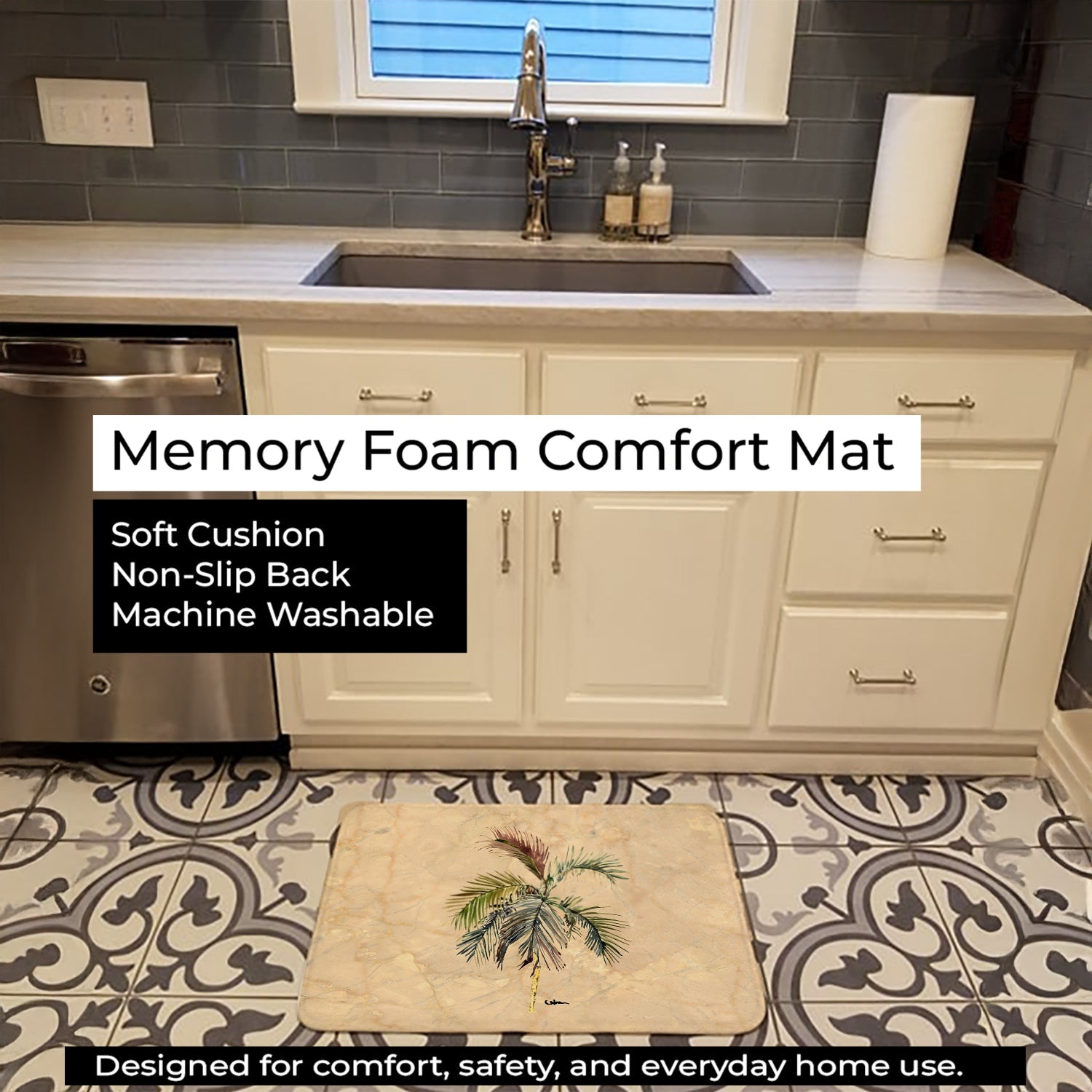 Palm Tree Memory Foam Kitchen Mat Machine Washable Anti-Fatigue Cushion Comfort Bath or Kitchen Rug