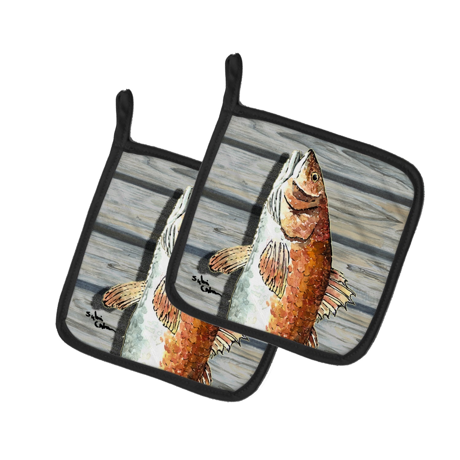 Red Fish Pot Holder Set of 2 Heat Resistant Quilted Hot Pads 7.5 x 7.5 Inch, Insulated Kitchen Trivets for Cooking & Baking