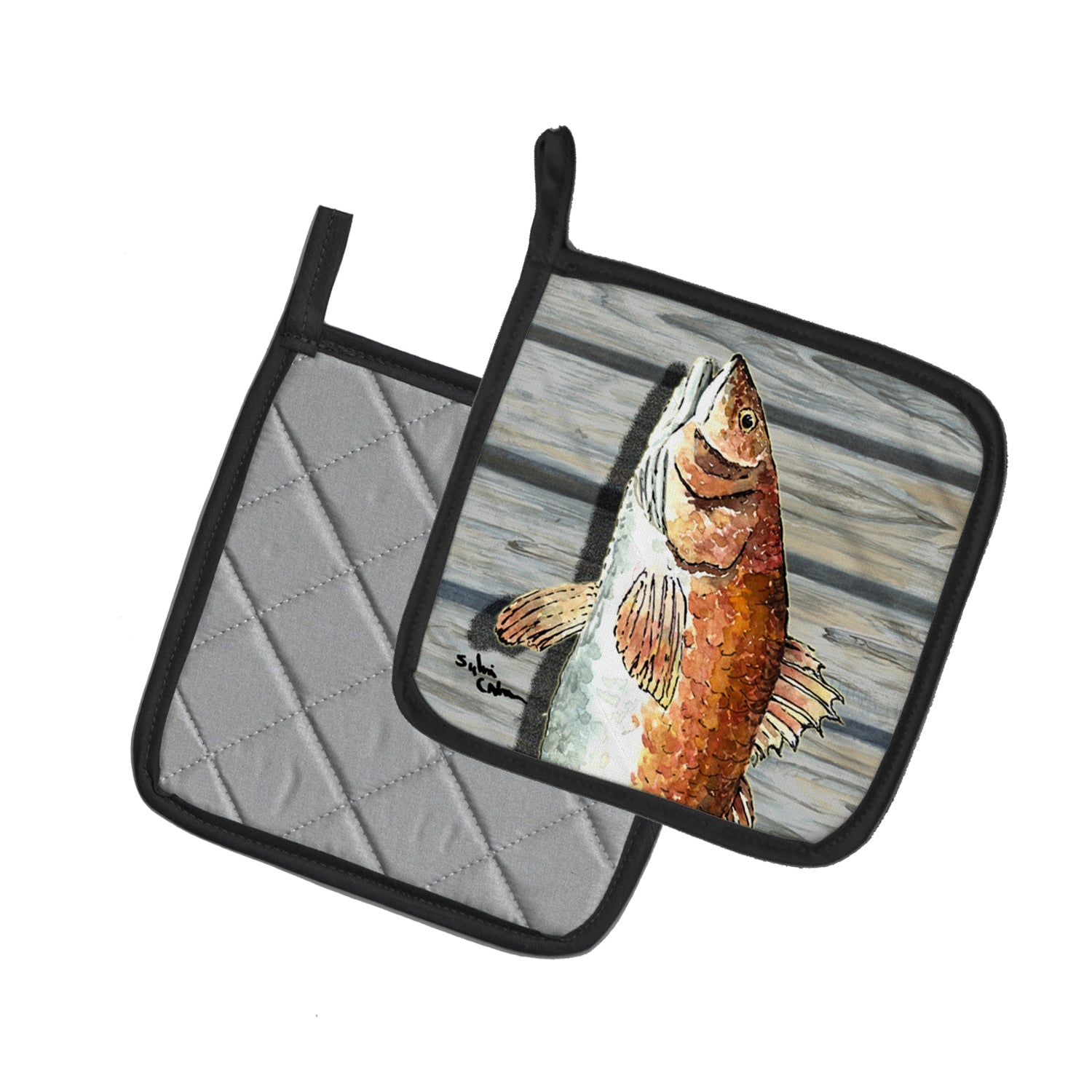 Red Fish Pot Holder Set of 2 Heat Resistant Quilted Hot Pads 7.5 x 7.5 Inch, Insulated Kitchen Trivets for Cooking & Baking