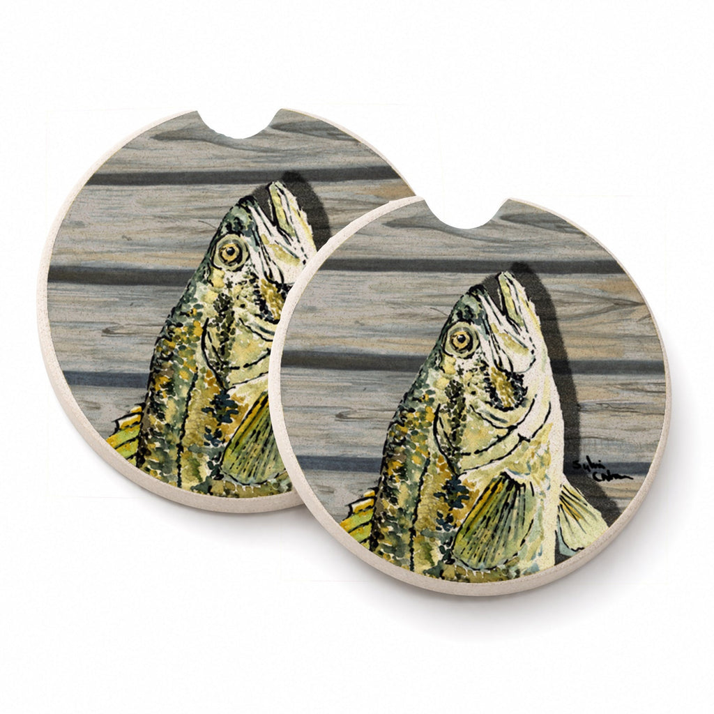 Small mouth Bass Fish on Pier Set of 2 Cup Holder Car Coasters Absorbent Round Sandstone Coasters Gifts for Men or Women, 2.5, Multicolor