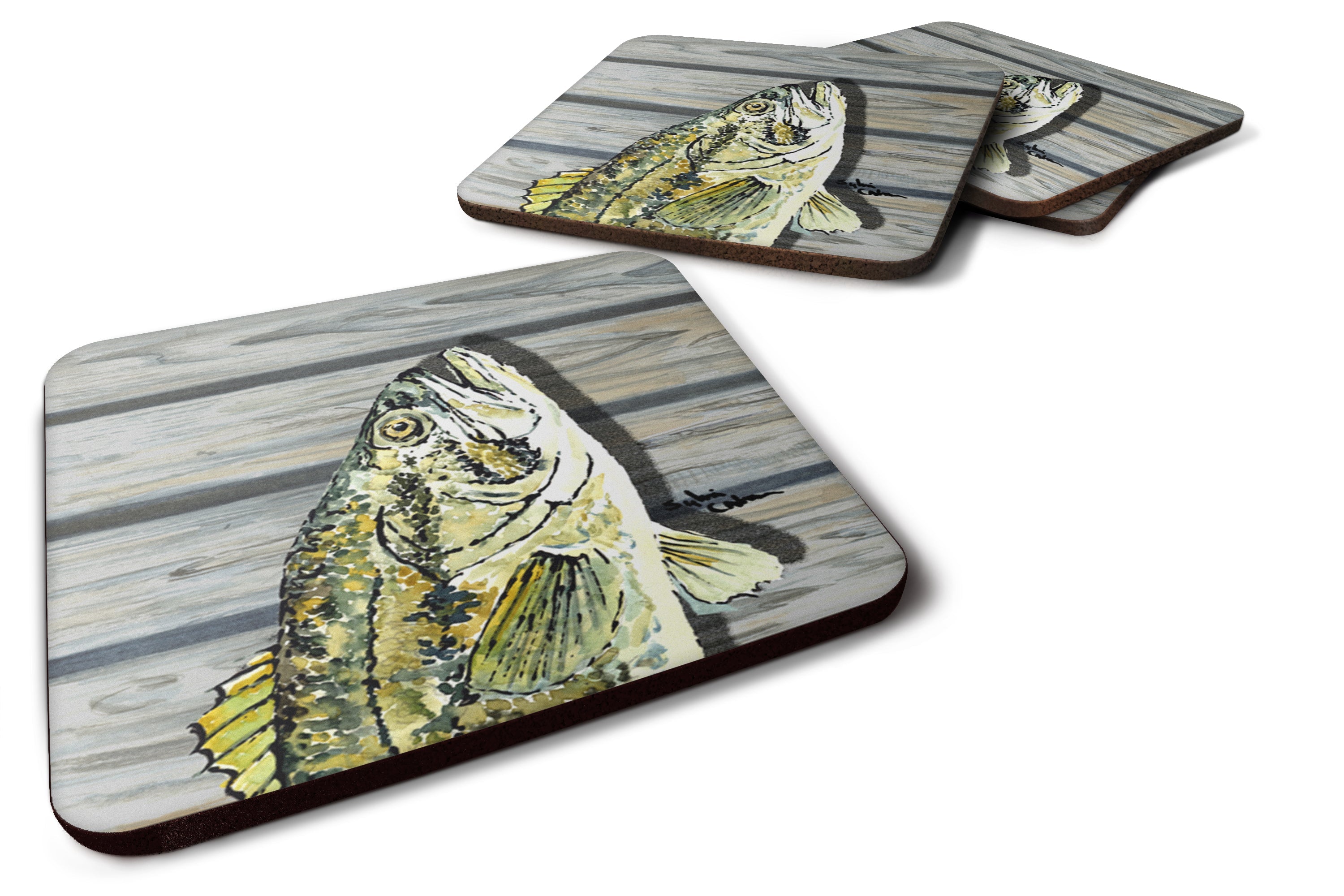 Small mouth Bass Fish on Pier Foam Coasters Set of 4 Cup Coasters for Indoor Outdoor, Tabletop Protection, Anti Slip, Mouse pad Material