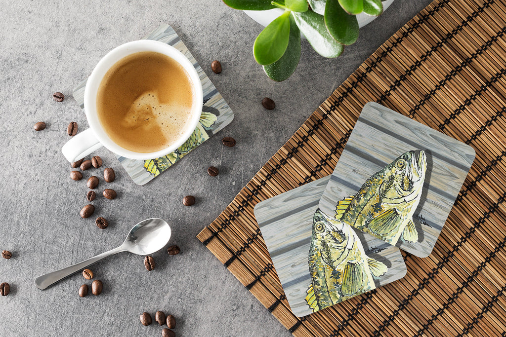 Small mouth Bass Fish on Pier Foam Coasters Set of 4 Cup Coasters for Indoor Outdoor, Tabletop Protection, Anti Slip, Mouse pad Material