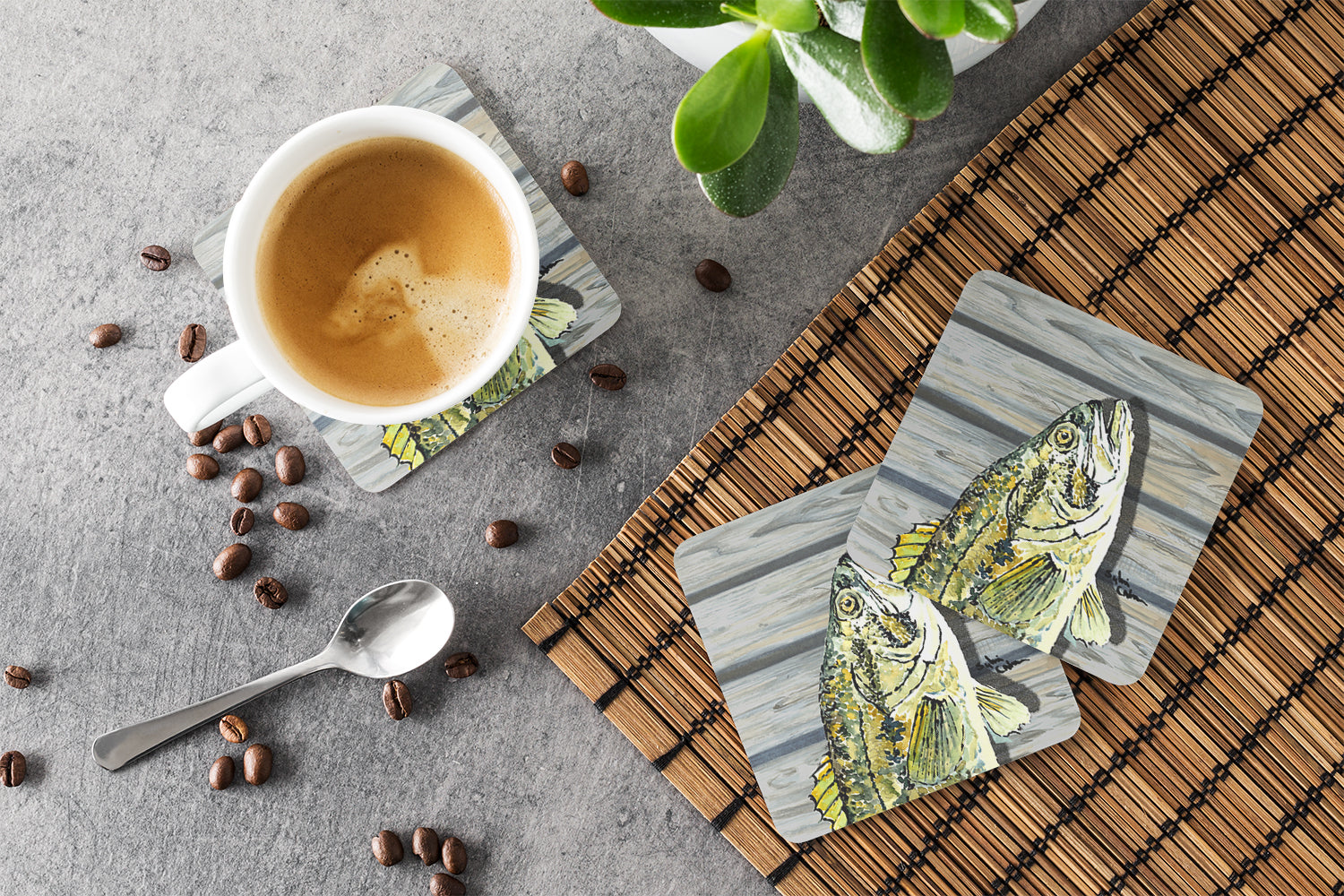 Small mouth Bass Fish on Pier Foam Coasters Set of 4 Cup Coasters for Indoor Outdoor, Tabletop Protection, Anti Slip, Mouse pad Material