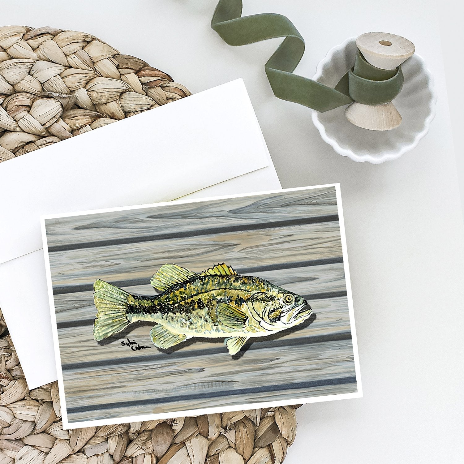 Small mouth Bass Fish on Pier Greeting Cards Pack of 8 Blank Cards with Envelopes Whimsical A7 Size 5x7
