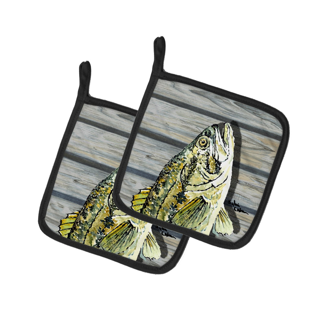 Small mouth Bass Fish on Pier Pot Holder Set of 2 Heat Resistant Quilted Hot Pads 7.5 x 7.5 Inch, Insulated Kitchen Trivets for Cooking & Baking