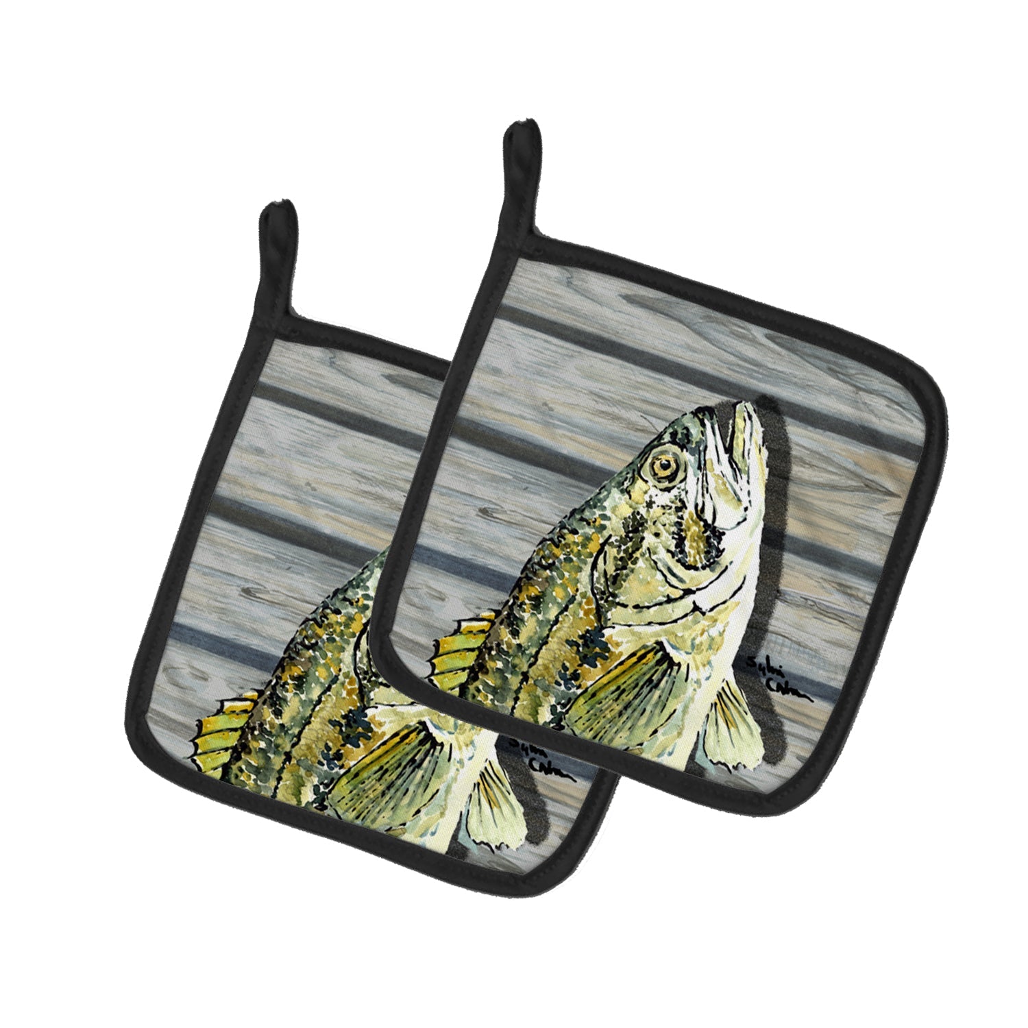 Small mouth Bass Fish on Pier Pot Holder Set of 2 Heat Resistant Quilted Hot Pads 7.5 x 7.5 Inch, Insulated Kitchen Trivets for Cooking & Baking