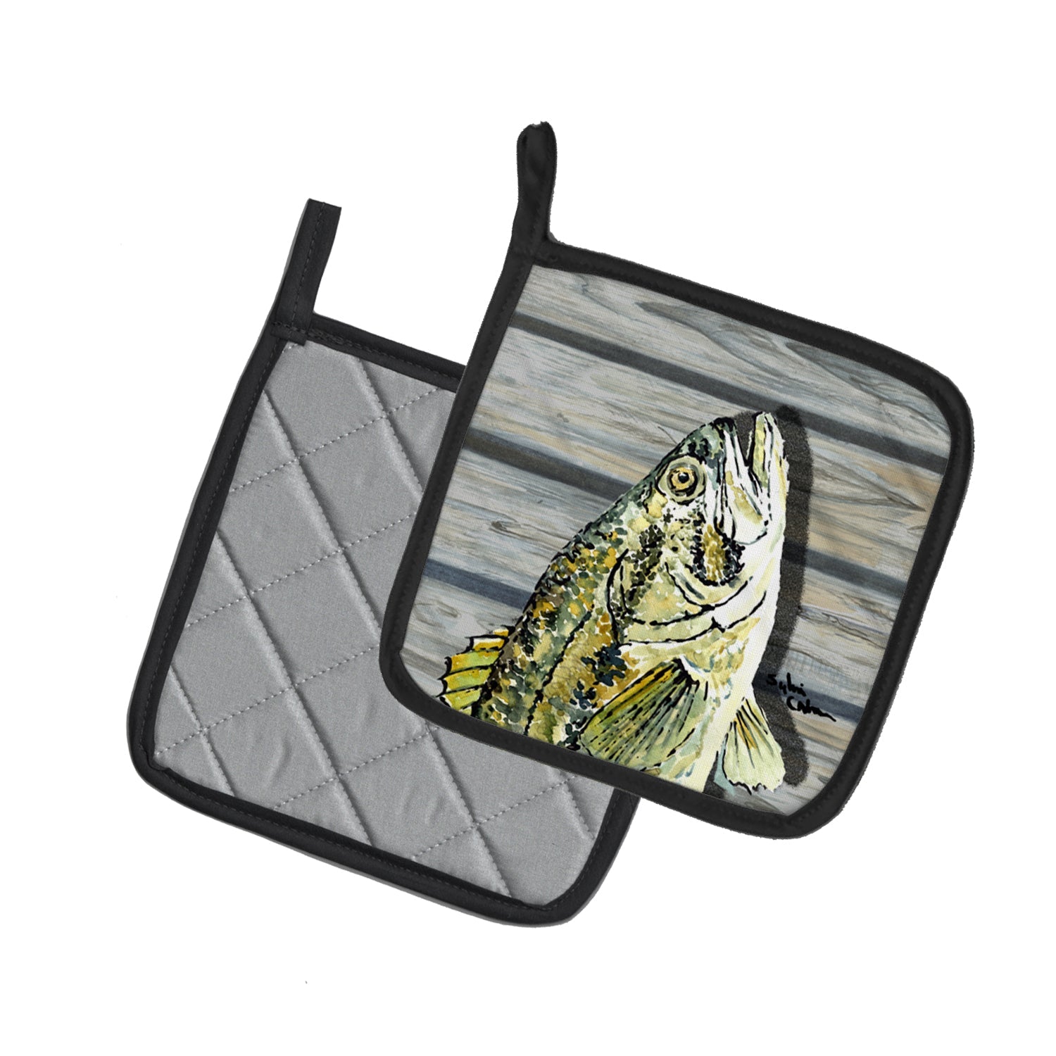 Small mouth Bass Fish on Pier Pot Holder Set of 2 Heat Resistant Quilted Hot Pads 7.5 x 7.5 Inch, Insulated Kitchen Trivets for Cooking & Baking