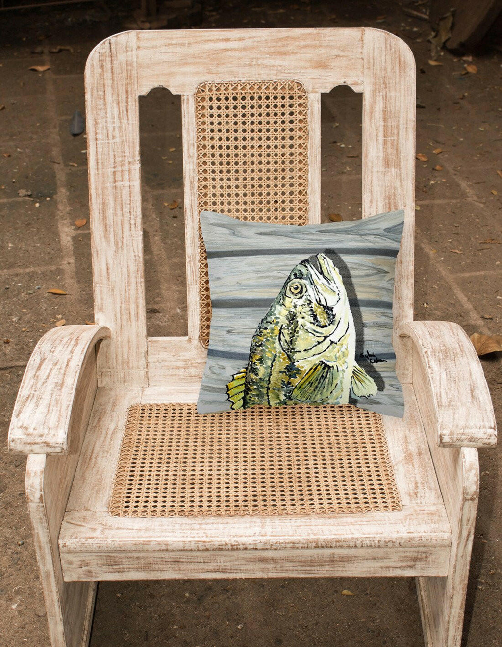 Small mouth Bass Fish on Pier Decorative Throw Pillow 14x14 Indoor Outdoor Accent Cushion, Fabric Cover with Insert for Sofa, Bed, Porch & Living Room