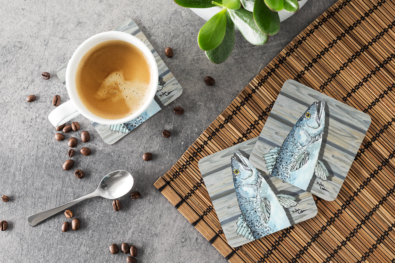 Fish Speckled Trout Foam Coasters Set of 4 Cup Coasters for Indoor Outdoor, Tabletop Protection, Anti Slip, Mouse pad Material