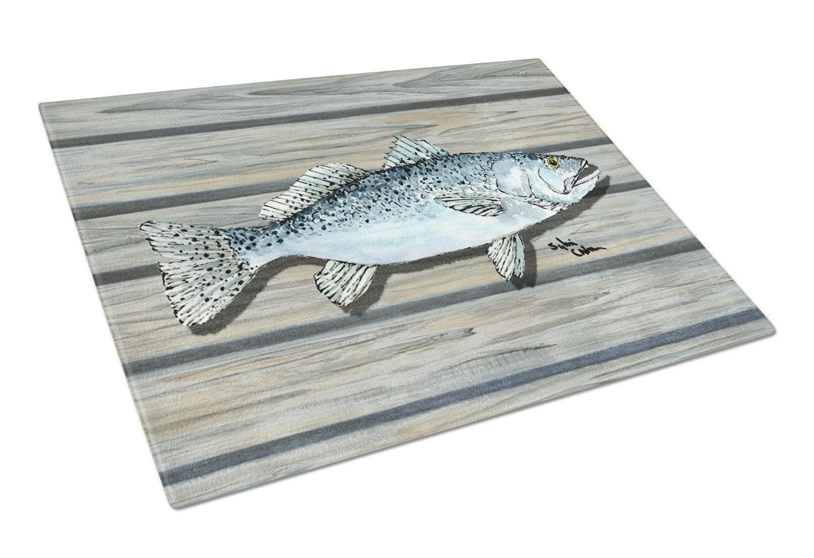 Fish Speckled Trout Cutting Board Tempered Glass Kitchen Cutting Surface, Heat Resistant Chopping, Non-Slip Feet, Food Prep & Serving