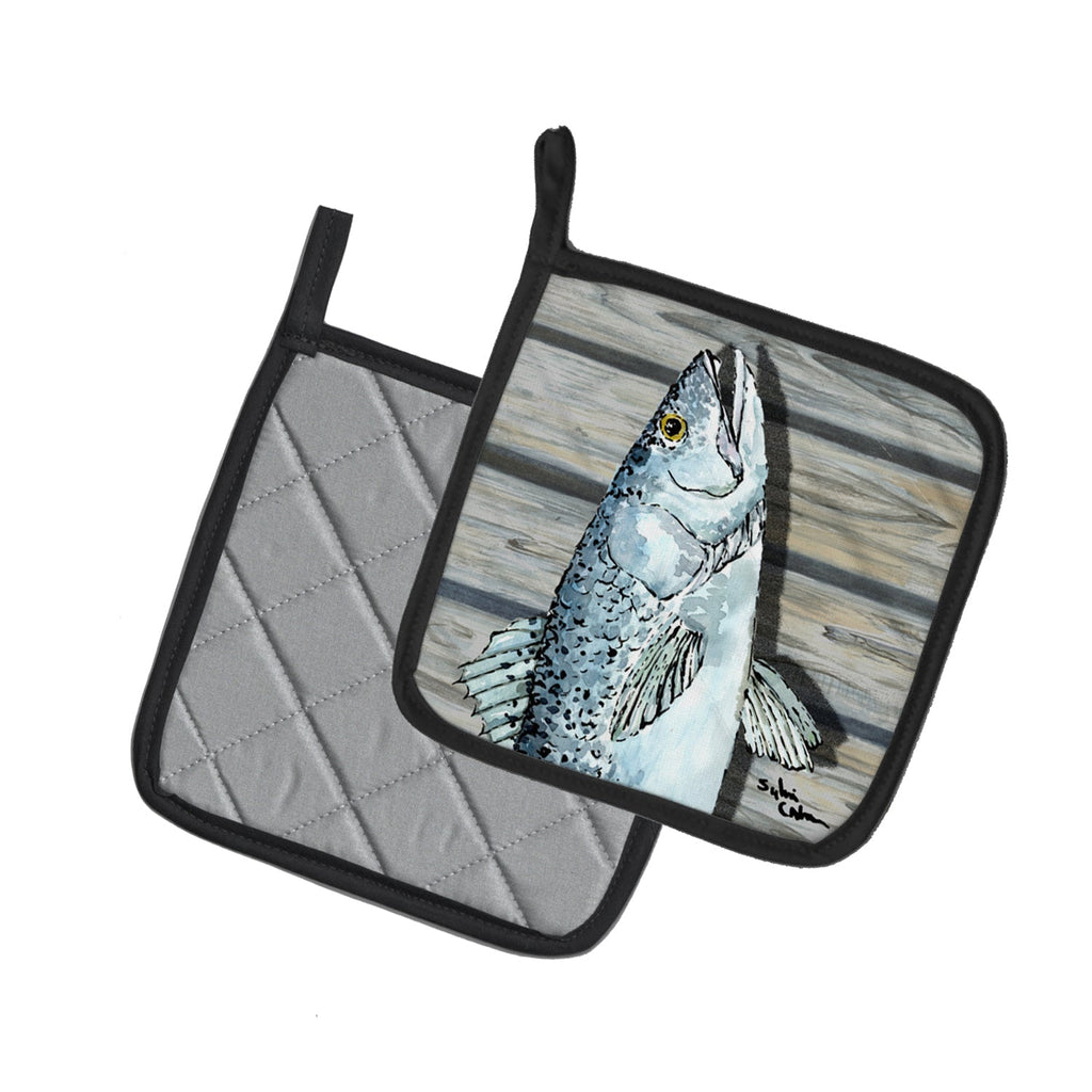 Fish Speckled Trout Pot Holder Set of 2 Heat Resistant Quilted Hot Pads 7.5 x 7.5 Inch, Insulated Kitchen Trivets for Cooking & Baking