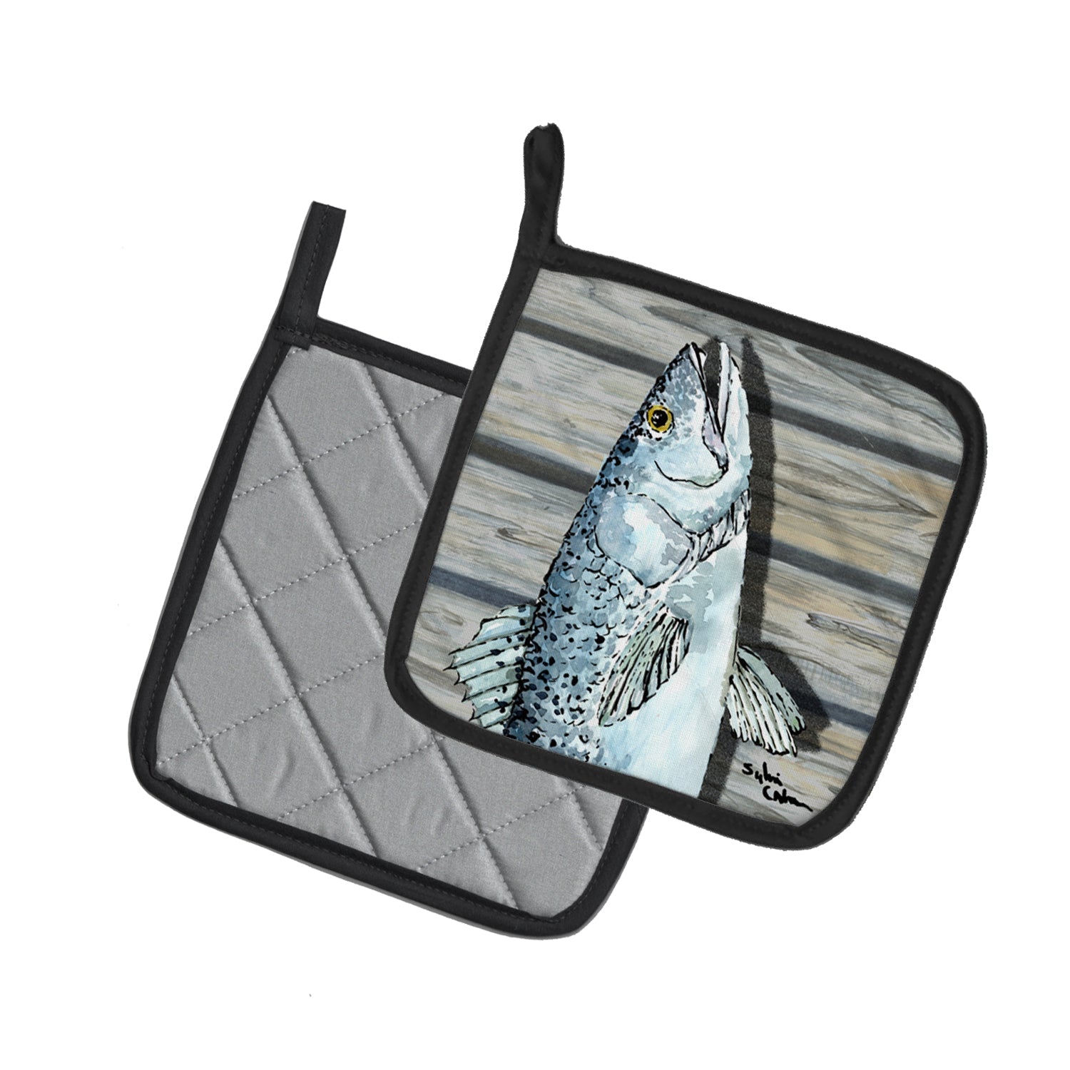 Fish Speckled Trout Pot Holder Set of 2 Heat Resistant Quilted Hot Pads 7.5 x 7.5 Inch, Insulated Kitchen Trivets for Cooking & Baking