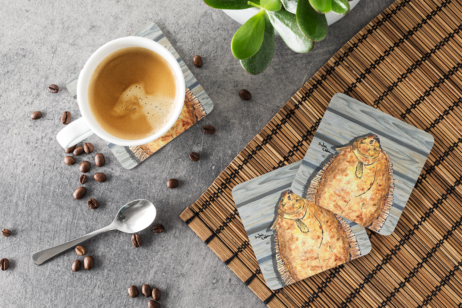 Fish Flounder Foam Coasters Set of 4 Cup Coasters for Indoor Outdoor, Tabletop Protection, Anti Slip, Mouse pad Material